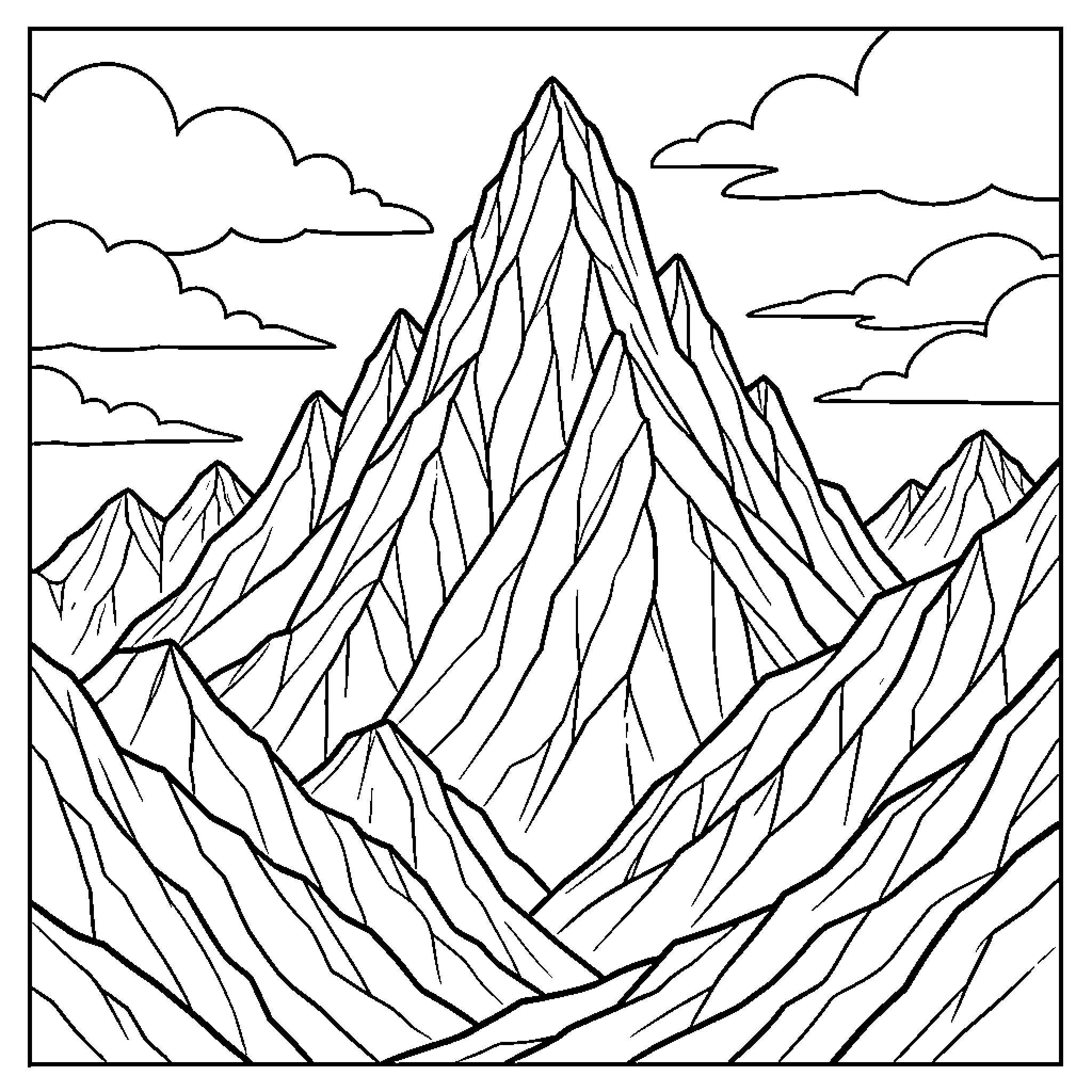 Mountain peaks rising sharply amidst drifting clouds Coloring Page (free black-and-white line drawing printable PDF for all, from beginners to advanced learners, including children, teens, adults, and seniors)