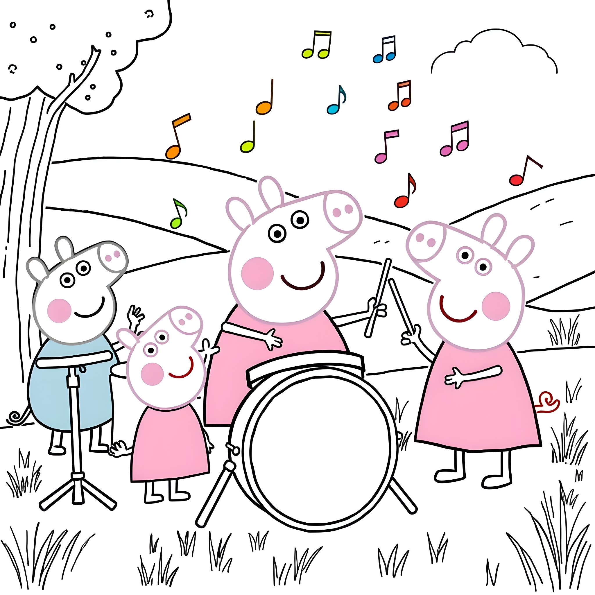 Peppa Pig and family playing musical instruments in the park Coloring Page (free black-and-white line drawing printable PDF for all, from beginners to advanced learners, including children, teens, adults, and seniors)