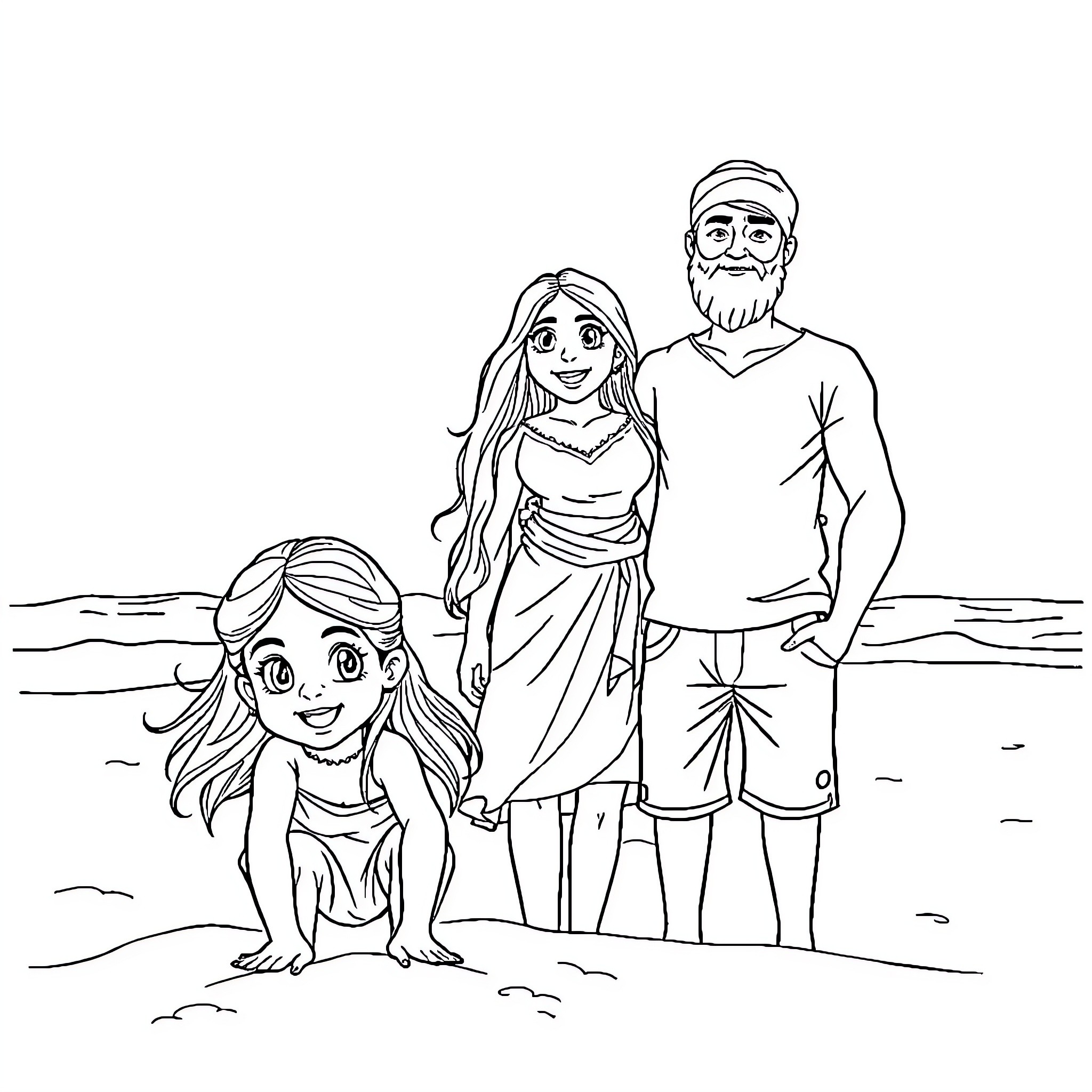 Family enjoying a day at the beach Coloring Page (free black-and-white line drawing printable PDF for all, from beginners to advanced learners, including children, teens, adults, and seniors)