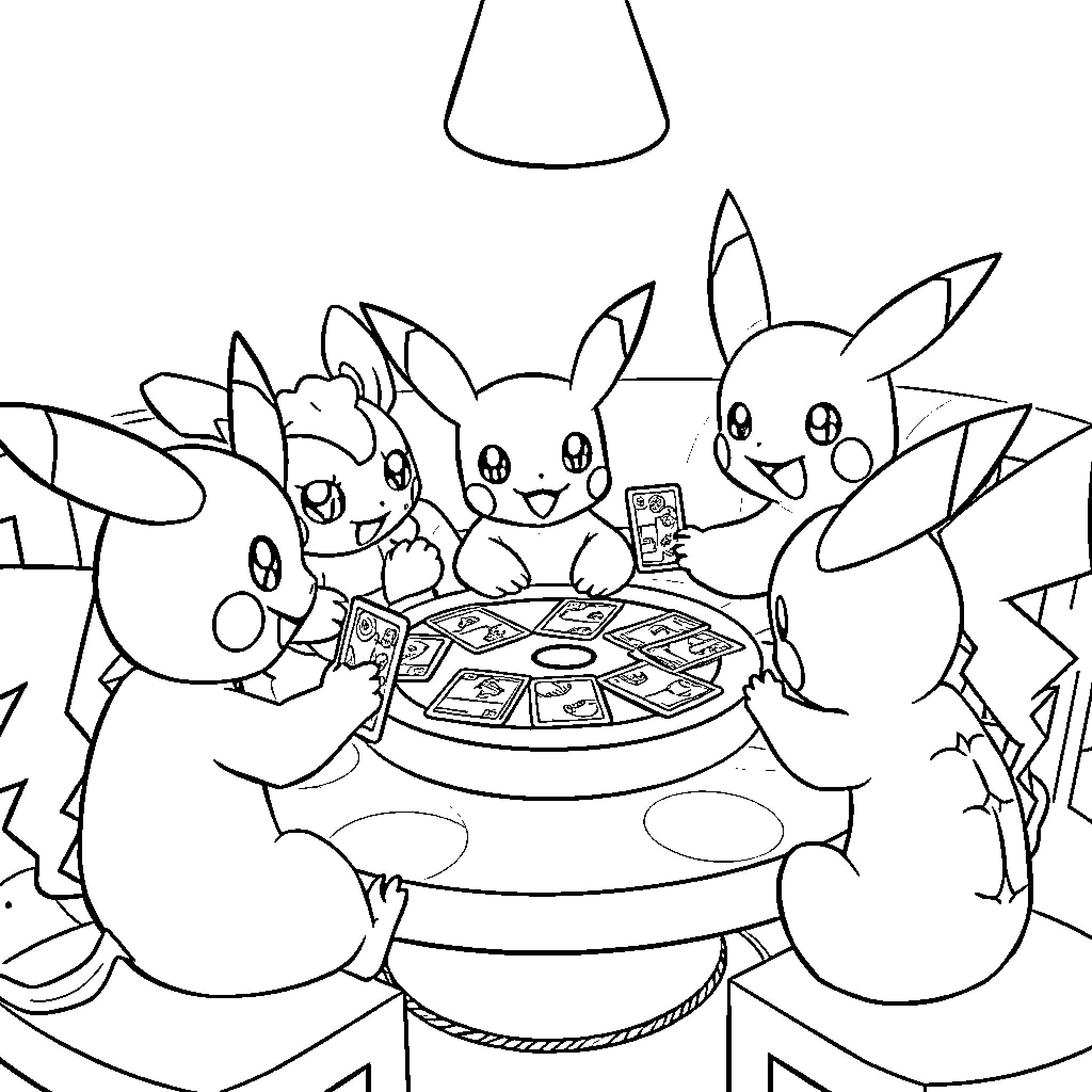 Pokémon friends gather for a fun game session Coloring Page (free black-and-white line drawing printable PDF for all, from beginners to advanced learners, including children, teens, adults, and seniors)