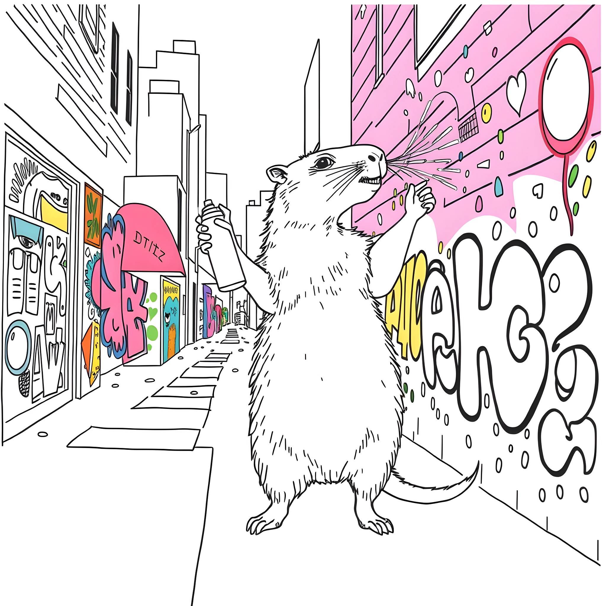 Capybara exploring colorful urban artwork Coloring Page (free black-and-white line drawing printable PDF for all, from beginners to advanced learners, including children, teens, adults, and seniors)