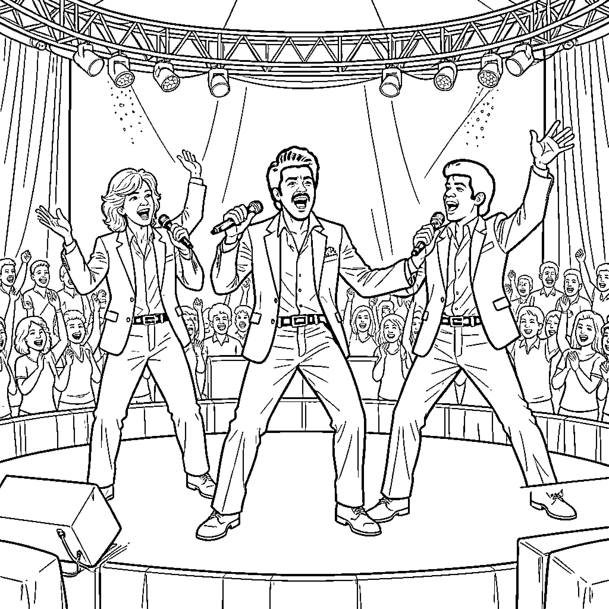 Jackson 5 performing energetically on stage with microphones Coloring Page (free black-and-white line drawing printable PDF for all, from beginners to advanced learners, including children, teens, adults, and seniors)