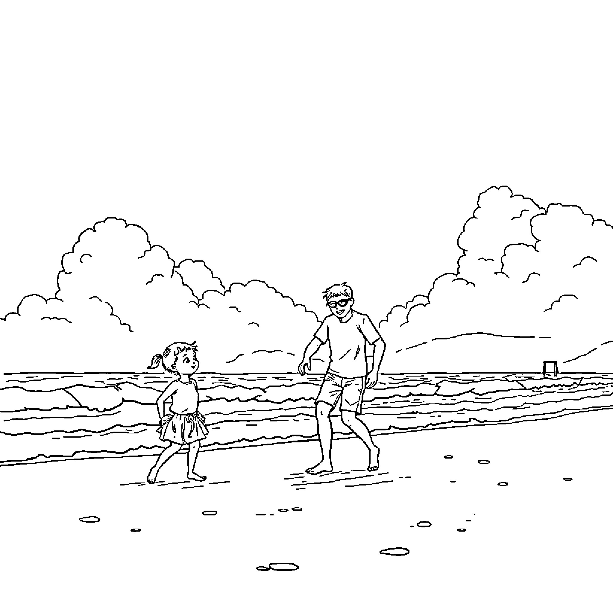 Family enjoying a beach day Coloring Page (free black-and-white line drawing printable PDF for all, from beginners to advanced learners, including children, teens, adults, and seniors)