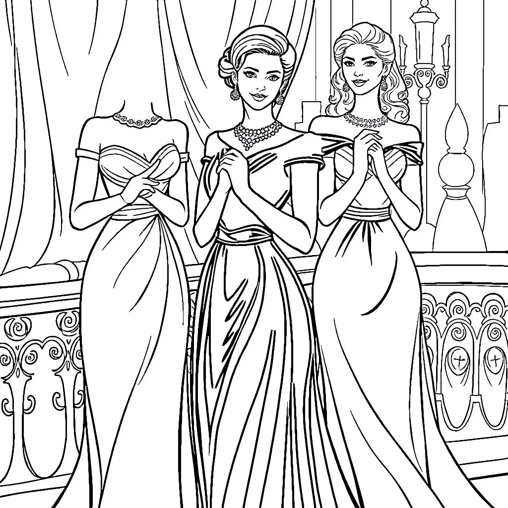 Women in elegant dresses posing in a formal setting Coloring Page (free black-and-white line drawing printable PDF for all, from beginners to advanced learners, including children, teens, adults, and seniors)
