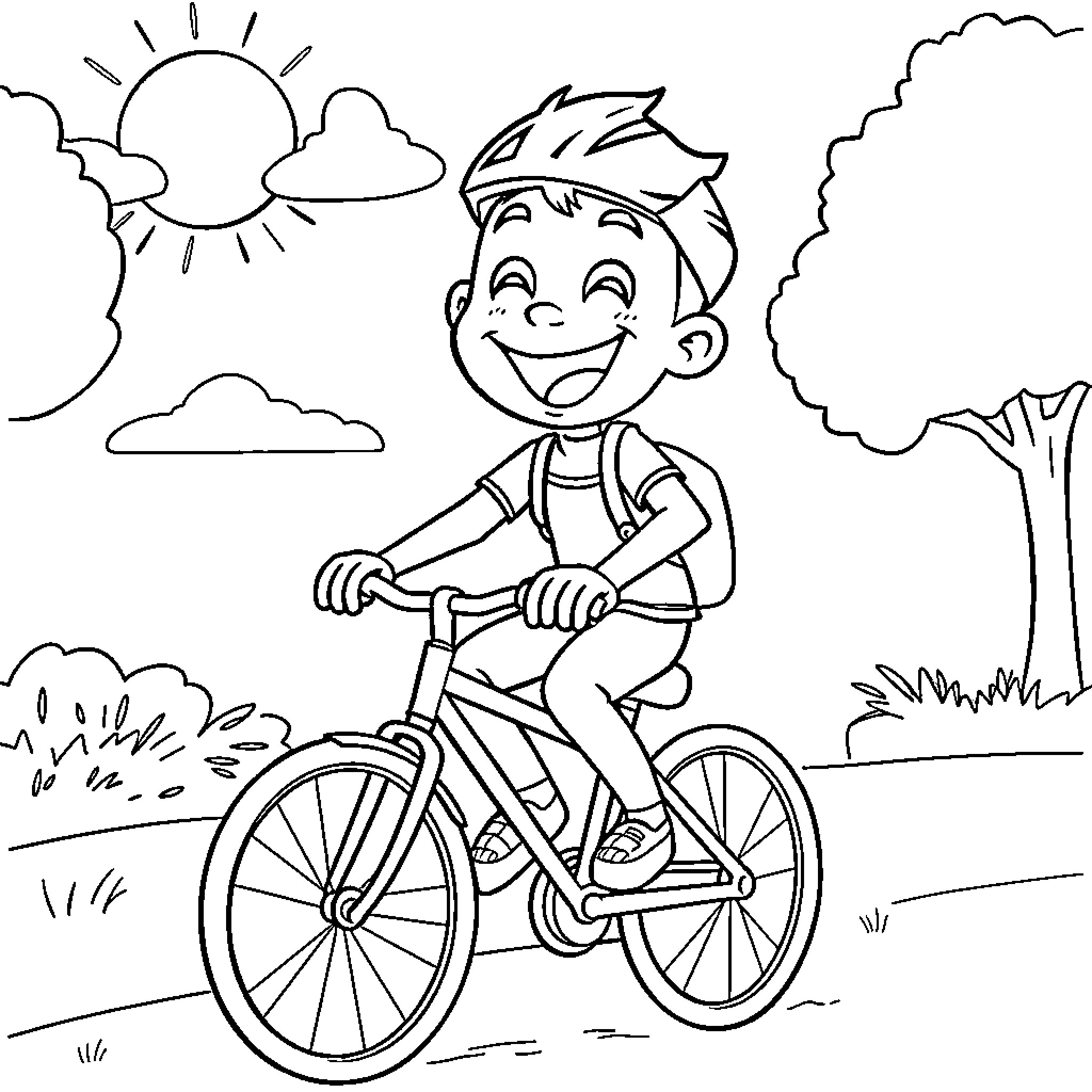 Curumi happily riding a bicycle outdoors Coloring Page (free black-and-white line drawing printable PDF for all, from beginners to advanced learners, including children, teens, adults, and seniors)