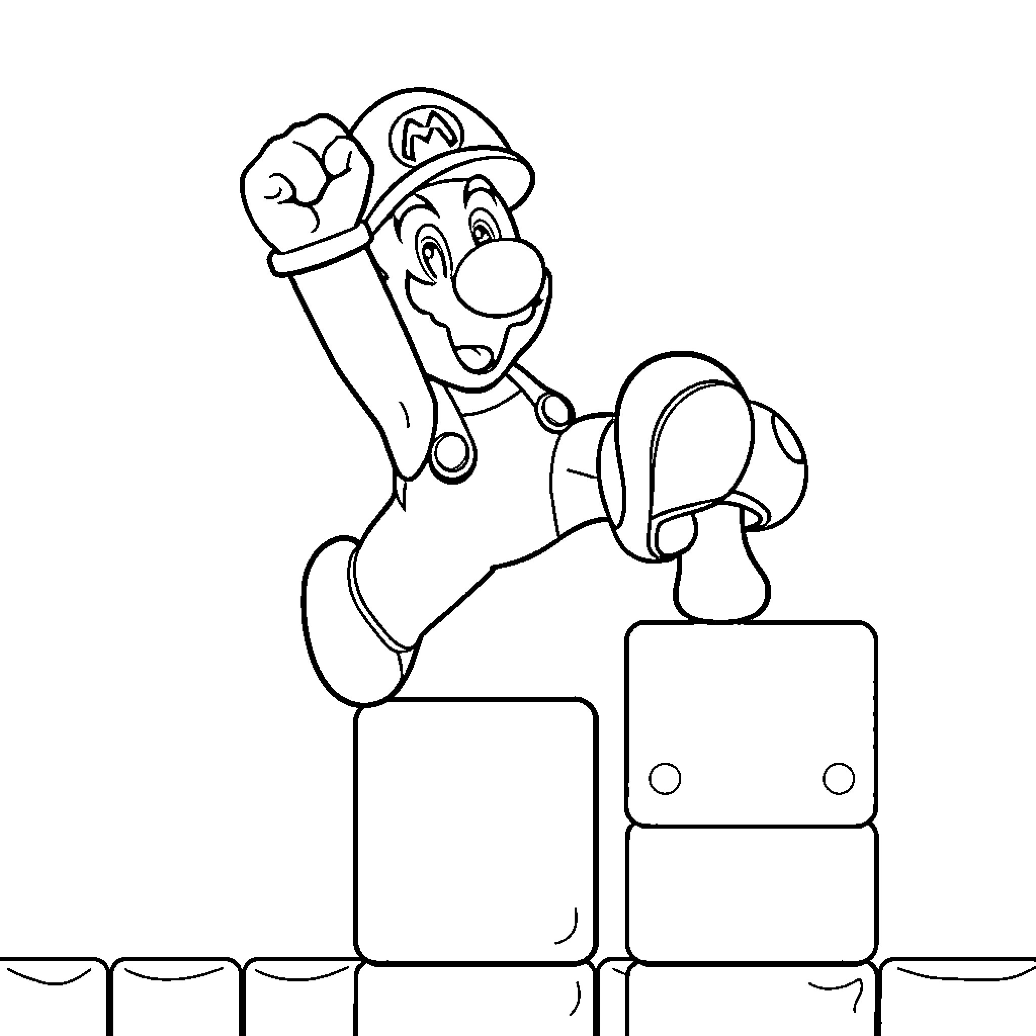 Super Mario celebrating victory on podium Coloring Page (free black-and-white line drawing printable PDF for all, from beginners to advanced learners, including children, teens, adults, and seniors)