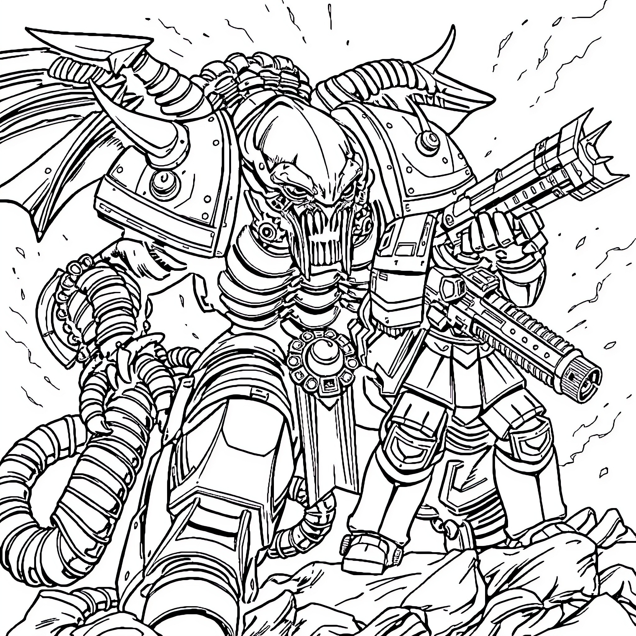 Tyranid Warrior Unleashes Devastating Firepower Coloring Page (free black-and-white line drawing printable PDF for all, from beginners to advanced learners, including children, teens, adults, and seniors)