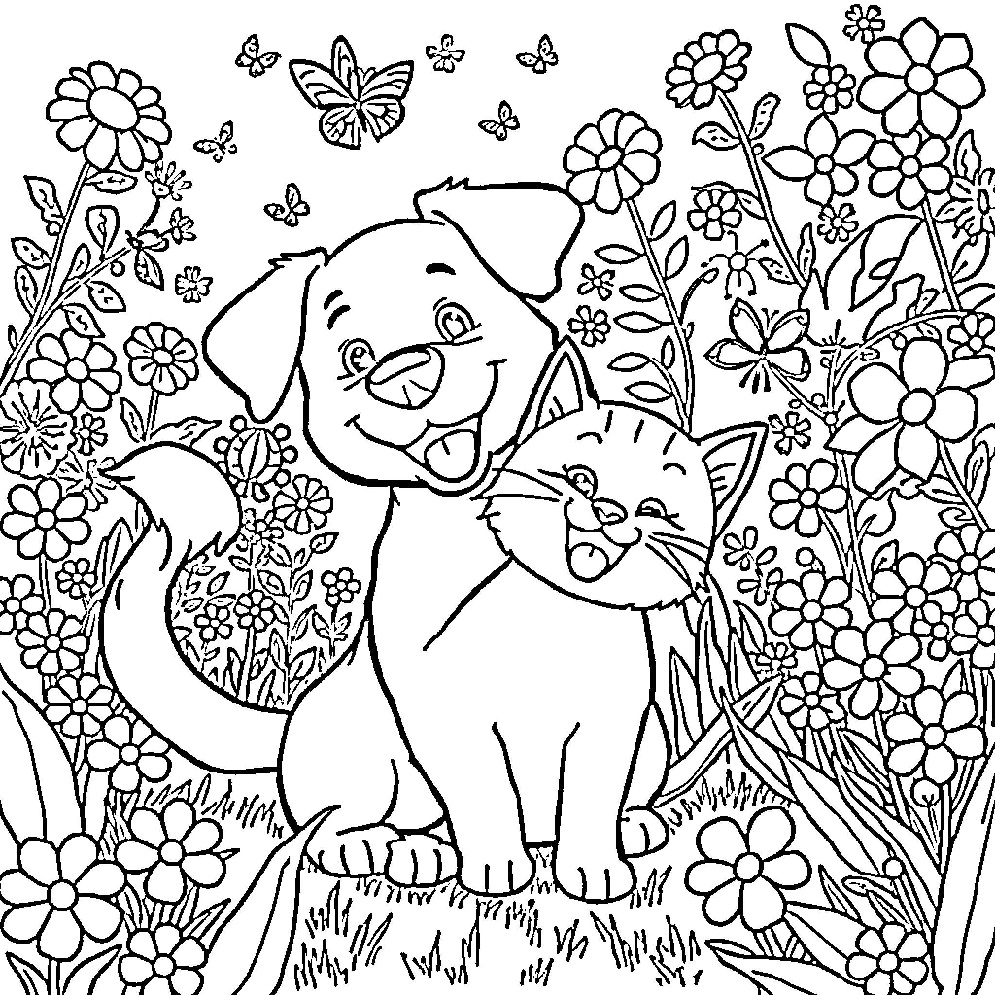 Dog and Kitten Playing in Flower Garden Coloring Page (free black-and-white line drawing printable PDF for all, from beginners to advanced learners, including children, teens, adults, and seniors)