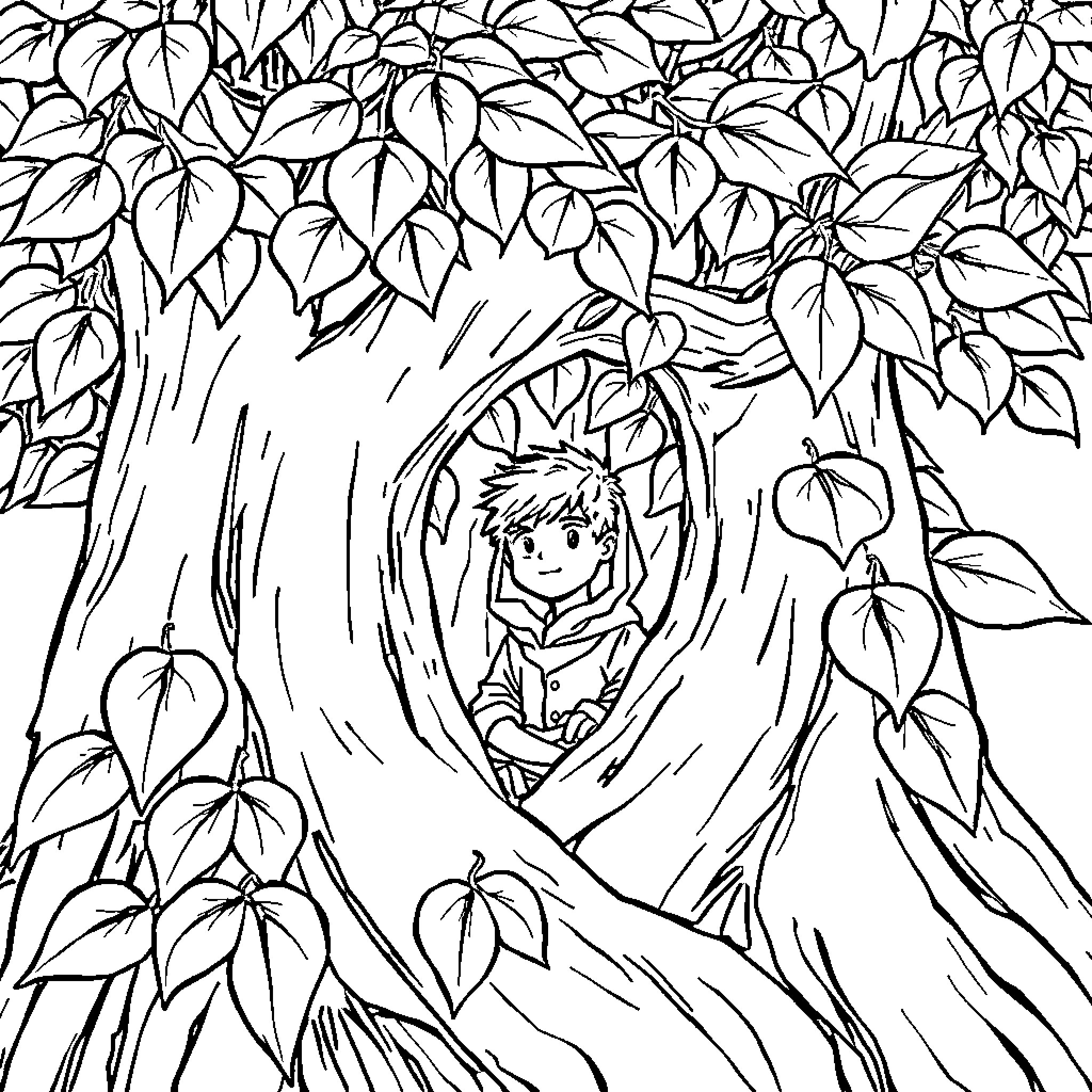 Sycamore tree with child playing within Coloring Page (free black-and-white line drawing printable PDF for all, from beginners to advanced learners, including children, teens, adults, and seniors)