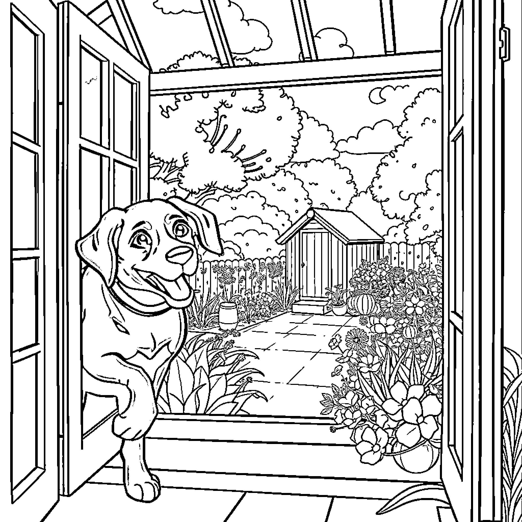 Labrador enjoying the view from a scenic window Coloring Page (free black-and-white line drawing printable PDF for all, from beginners to advanced learners, including children, teens, adults, and seniors)