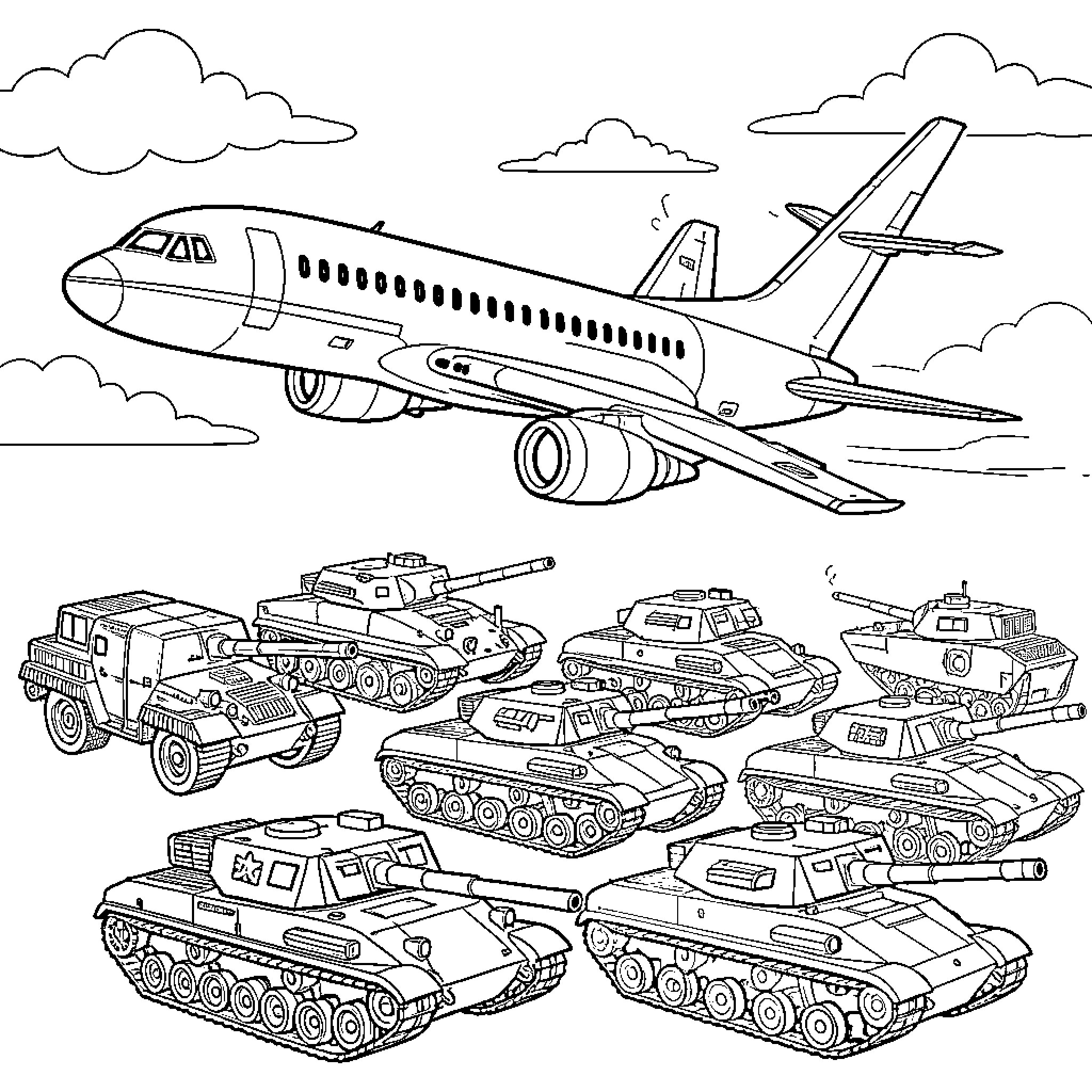 Tank Vehicles and Passenger Plane in Clouds Coloring Page (free black-and-white line drawing printable PDF for all, from beginners to advanced learners, including children, teens, adults, and seniors)
