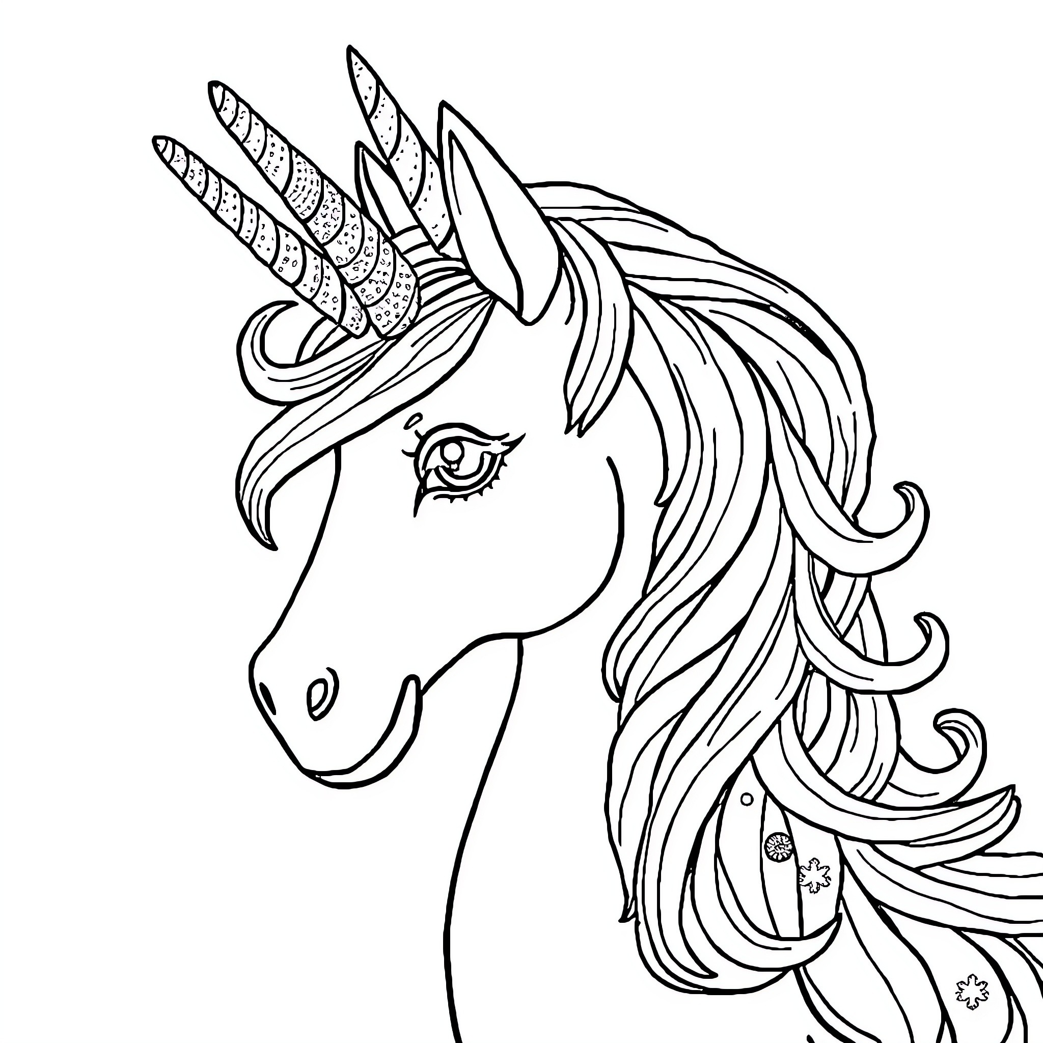 Unicorn with intricate horn and flowing mane Coloring Page (free black-and-white line drawing printable PDF for all, from beginners to advanced learners, including children, teens, adults, and seniors)