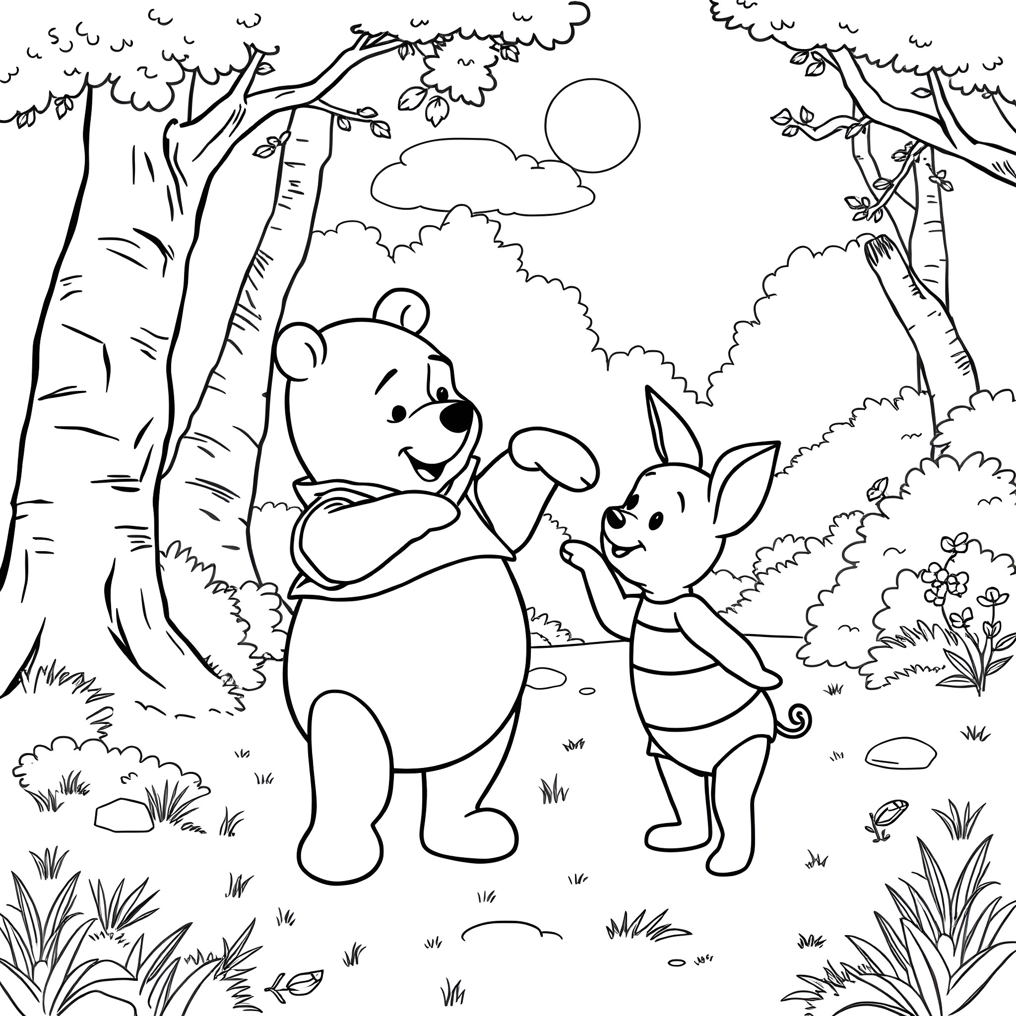 Winnie The Pooh and Piglet exploring the forest Coloring Page (free black-and-white line drawing printable PDF for all, from beginners to advanced learners, including children, teens, adults, and seniors)