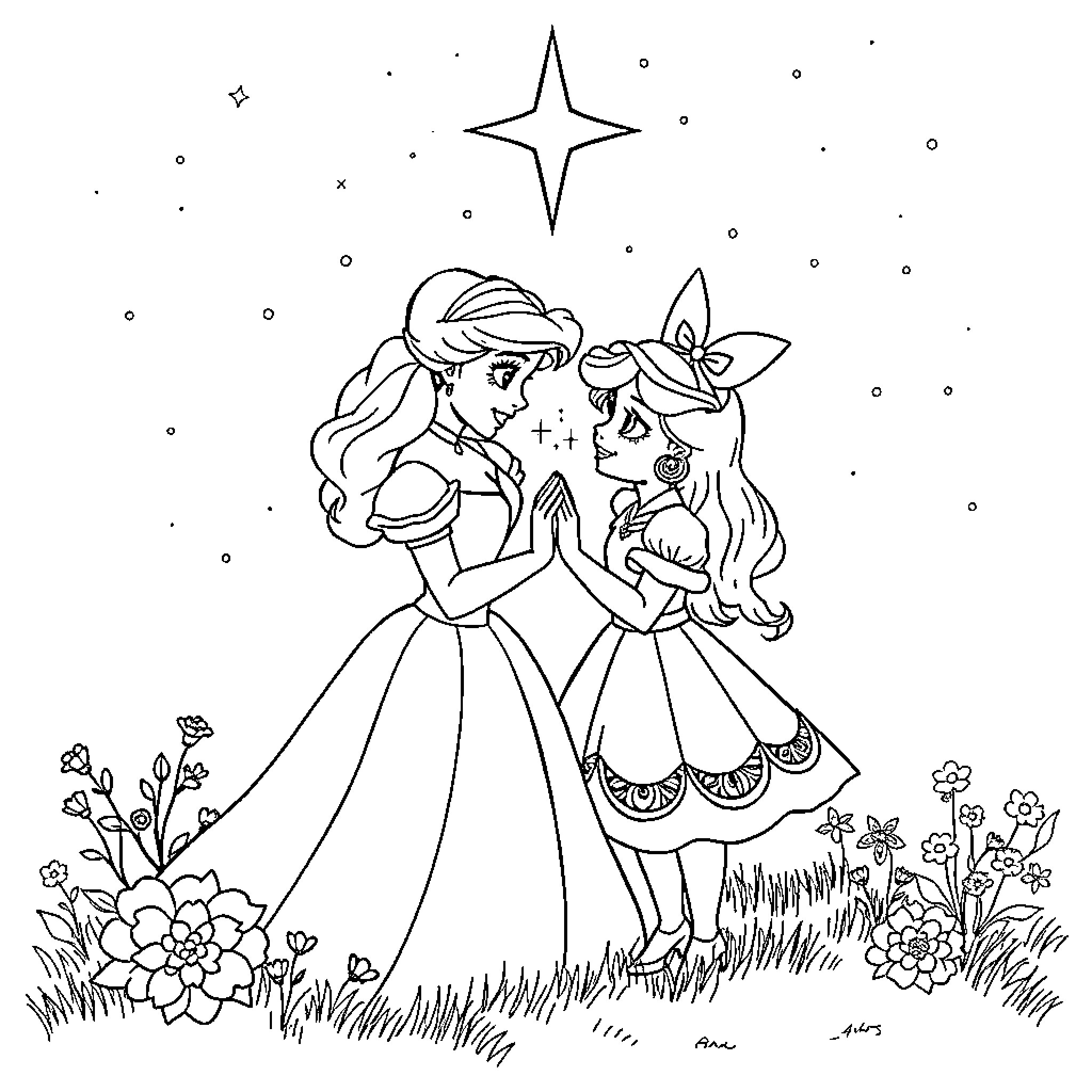 Belle and Her Enchanting Companions in a Whimsical Garden Coloring Page (free black-and-white line drawing printable PDF for all, from beginners to advanced learners, including children, teens, adults, and seniors)