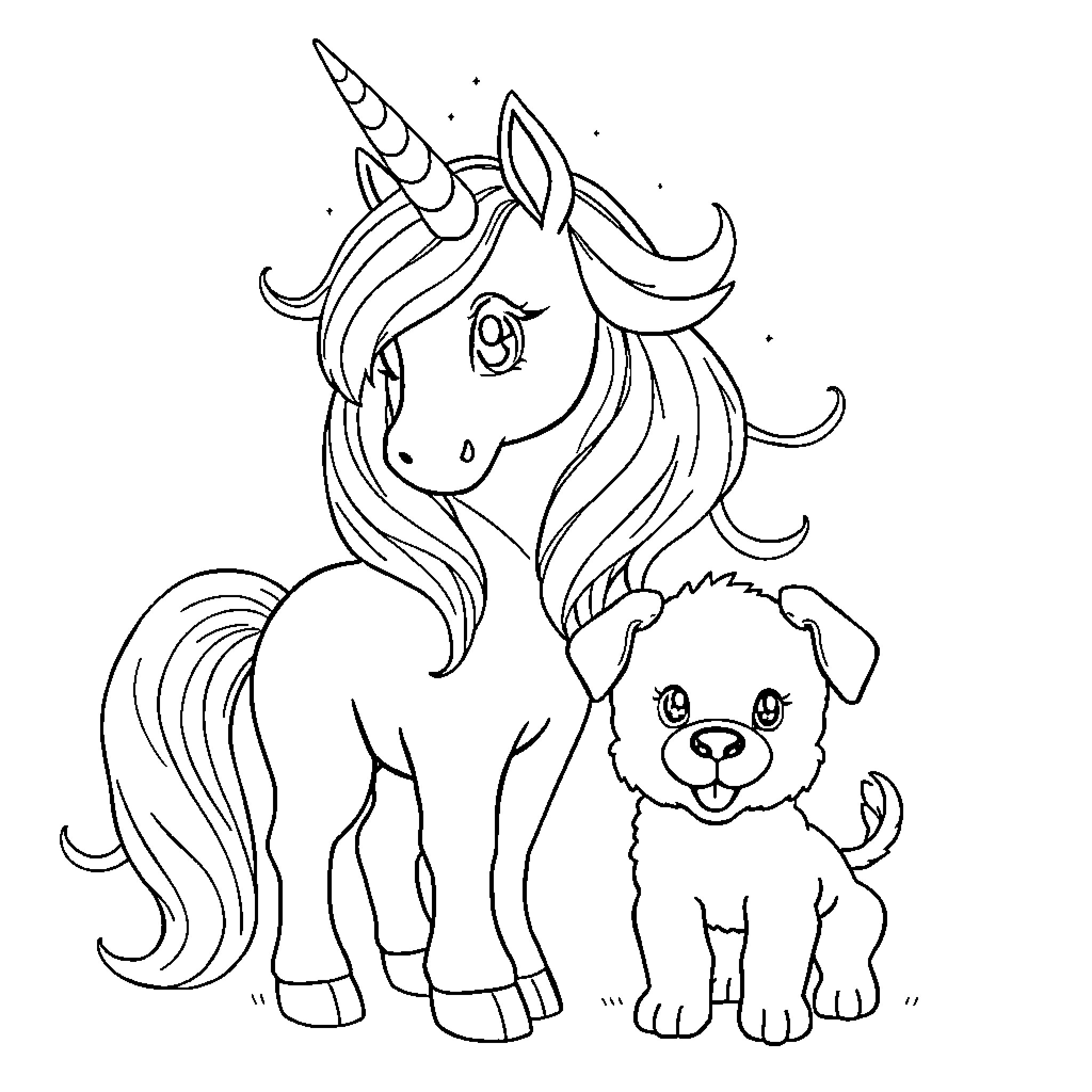 Unicorn and puppy playing together happily Coloring Page (free black-and-white line drawing printable PDF for all, from beginners to advanced learners, including children, teens, adults, and seniors)