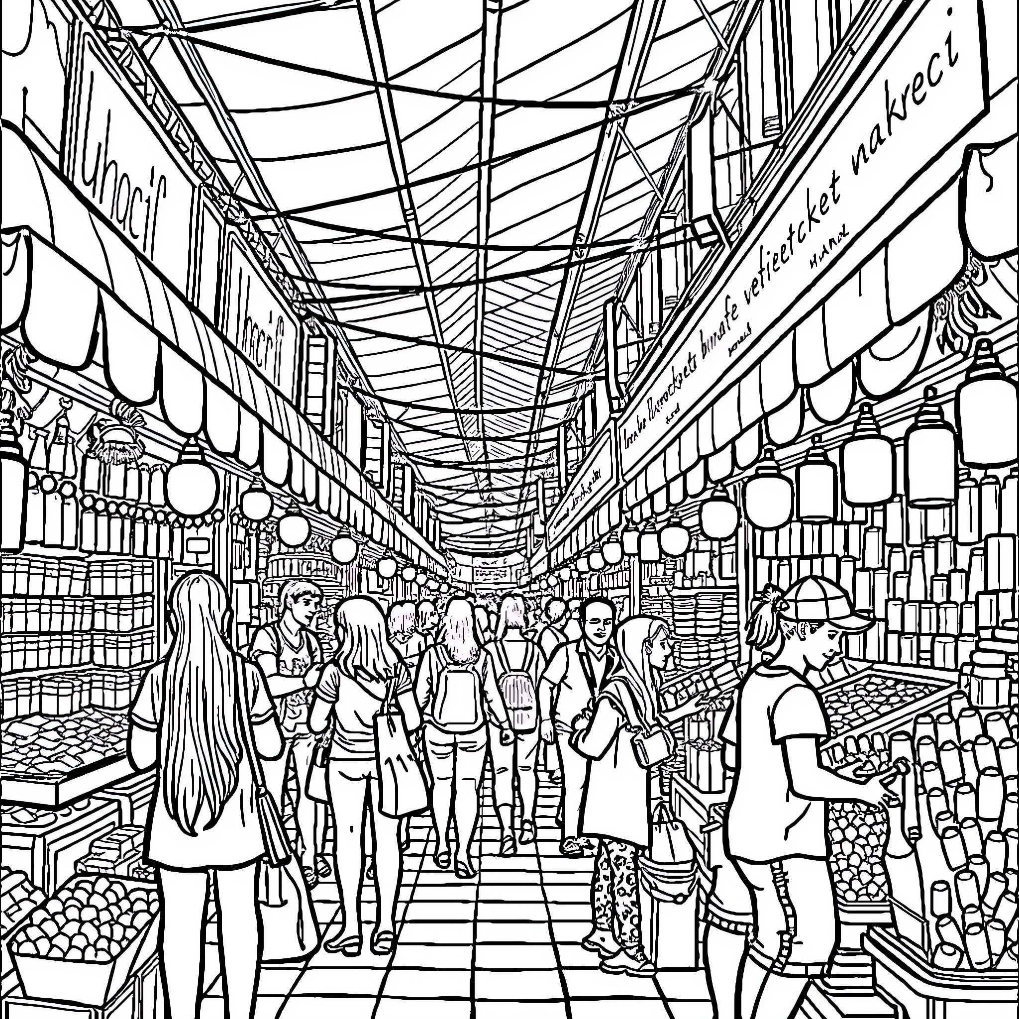 Unocr Crowded Market Scene with Shoppers Coloring Page (free black-and-white line drawing printable PDF for all, from beginners to advanced learners, including children, teens, adults, and seniors)