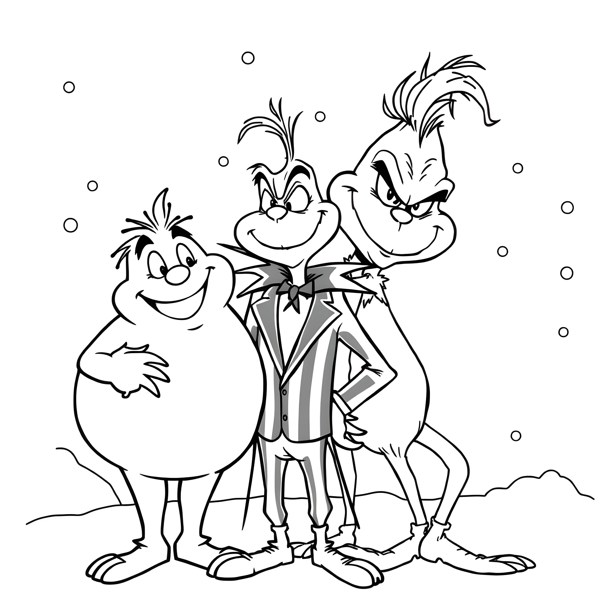 Character Friends Posing Together in Cartoon Outfits Coloring Page (free black-and-white line drawing printable PDF for all, from beginners to advanced learners, including children, teens, adults, and seniors)