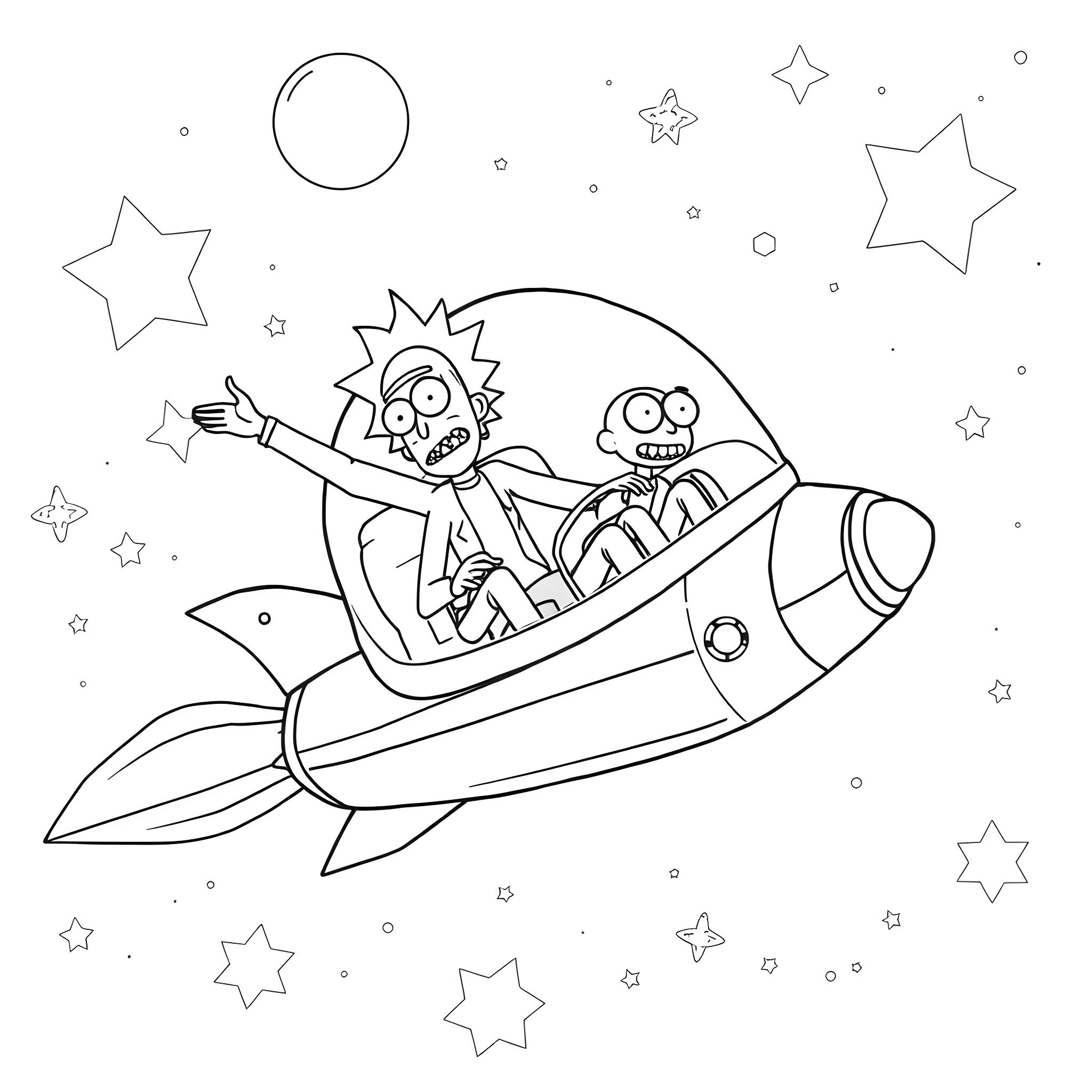 Rick And Morty exploring space in a rocket ship Coloring Page (free black-and-white line drawing printable PDF for all, from beginners to advanced learners, including children, teens, adults, and seniors)