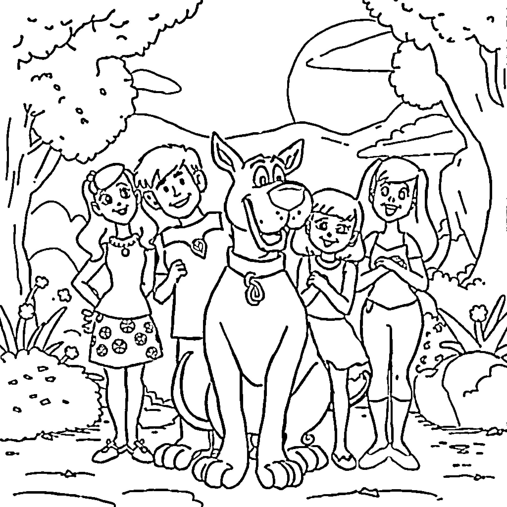 Scooby Doo and friends explore the outdoor scene Coloring Page (free black-and-white line drawing printable PDF for all, from beginners to advanced learners, including children, teens, adults, and seniors)