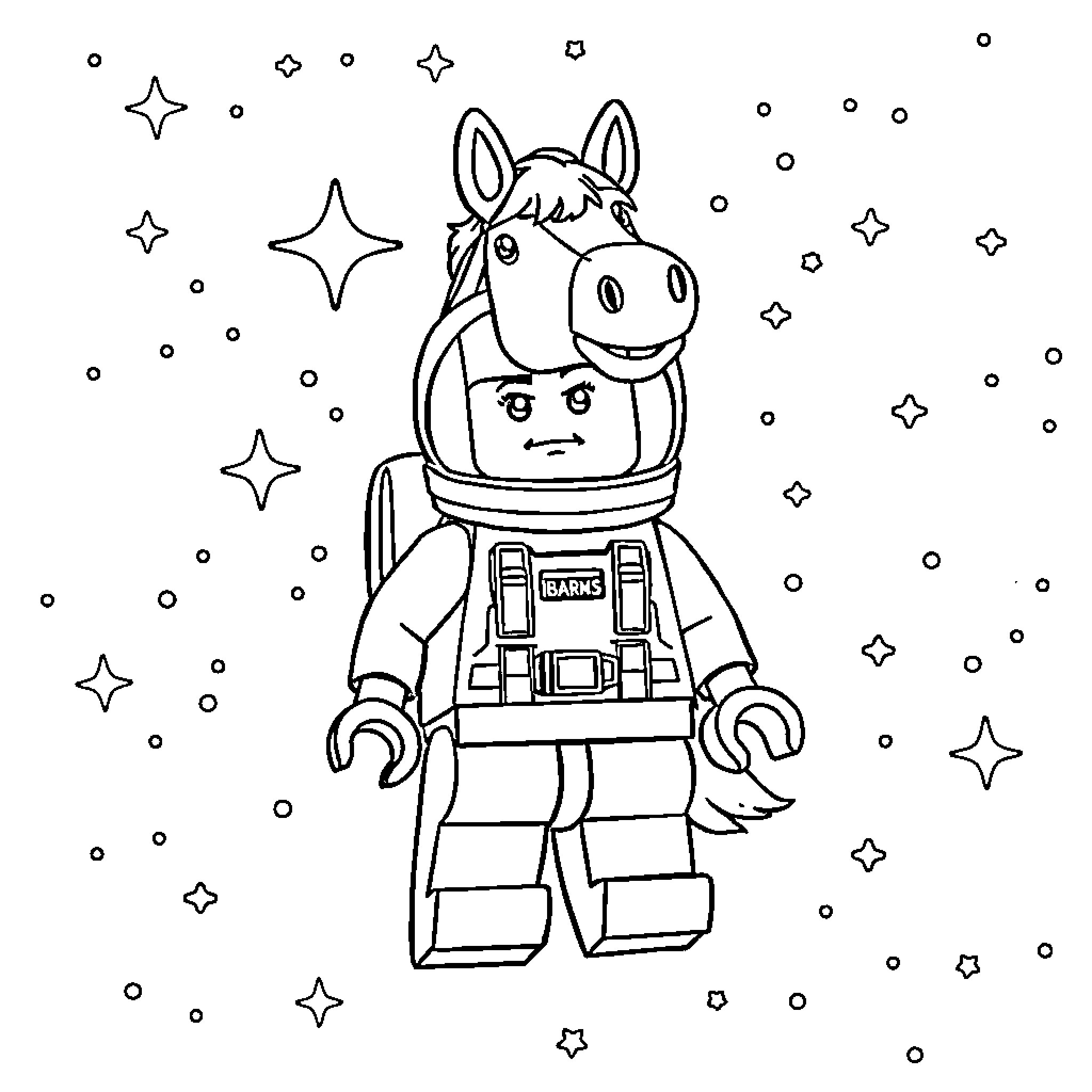 LEGO Minifigure in Astronaut Costume in Outer Space Coloring Page (free black-and-white line drawing printable PDF for all, from beginners to advanced learners, including children, teens, adults, and seniors)