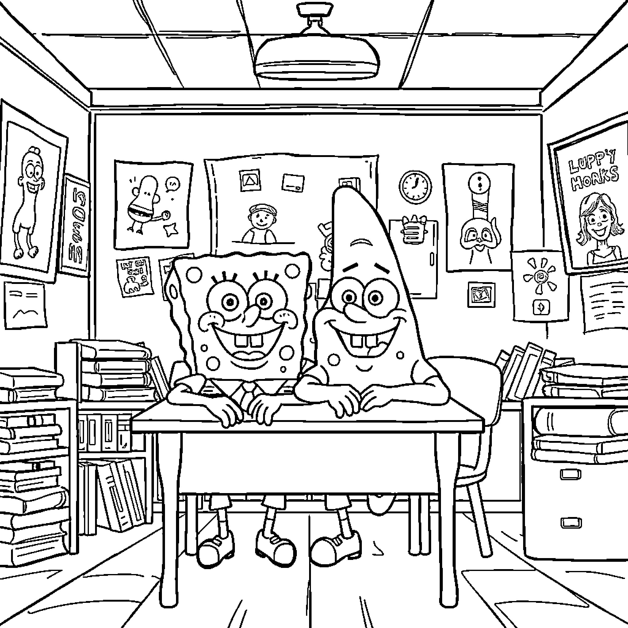 Spongebob and Patrick in Classroom Chaos Coloring Page (free black-and-white line drawing printable PDF for all, from beginners to advanced learners, including children, teens, adults, and seniors)