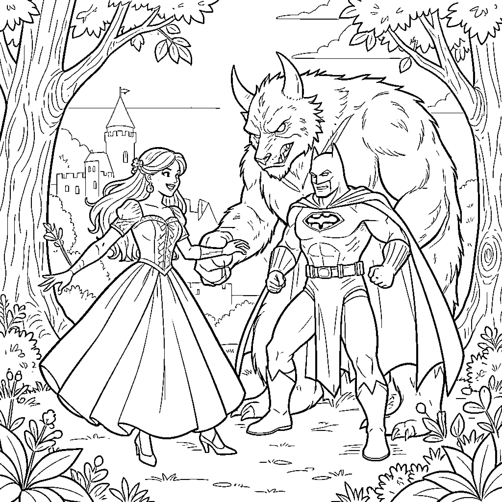 Princess dancing with a superhero and a beast Coloring Page (free black-and-white line drawing printable PDF for all, from beginners to advanced learners, including children, teens, adults, and seniors)