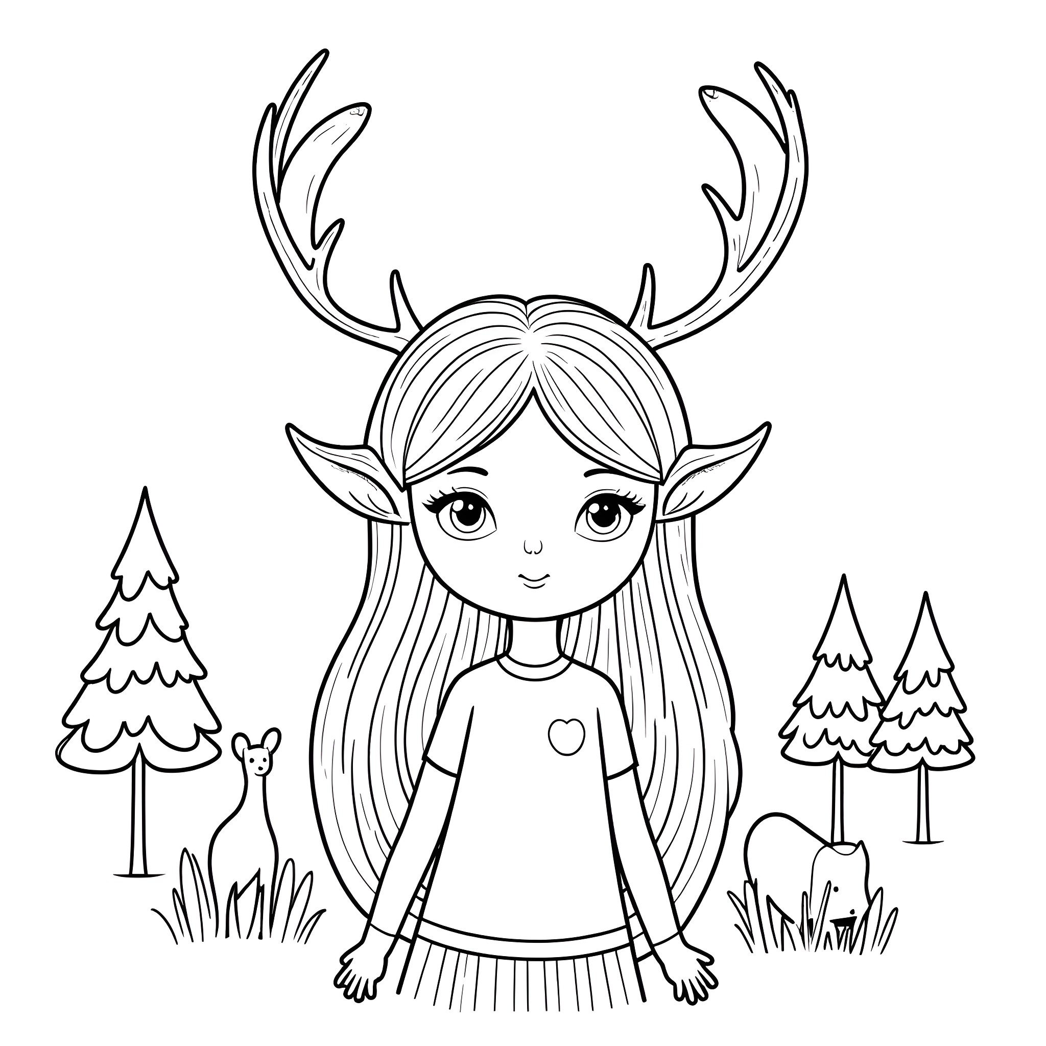 Elven Girl in the Forest Coloring Page (free black-and-white line drawing printable PDF for all, from beginners to advanced learners, including children, teens, adults, and seniors)