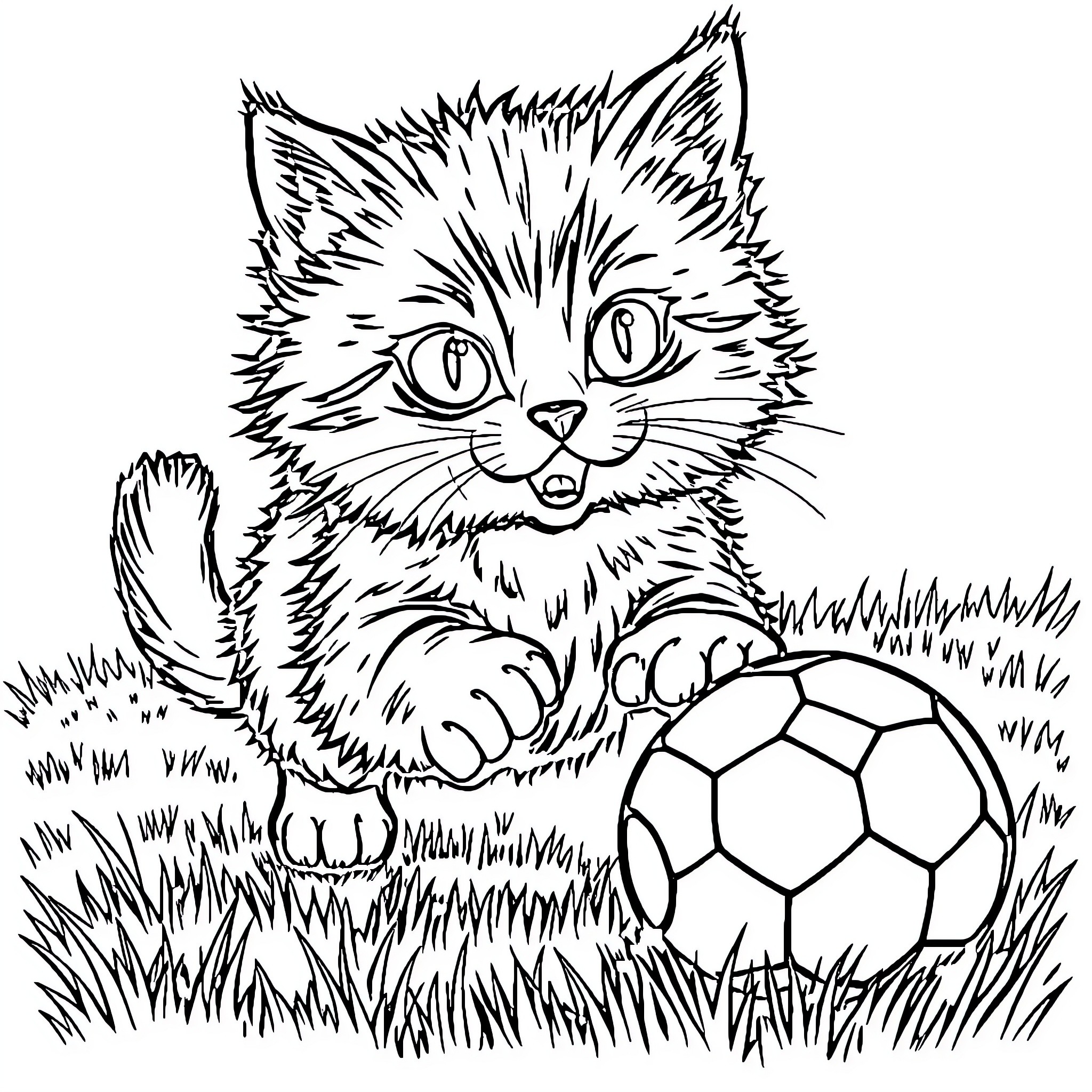 Cat playing with a soccer ball in the grass Coloring Page (free black-and-white line drawing printable PDF for all, from beginners to advanced learners, including children, teens, adults, and seniors)
