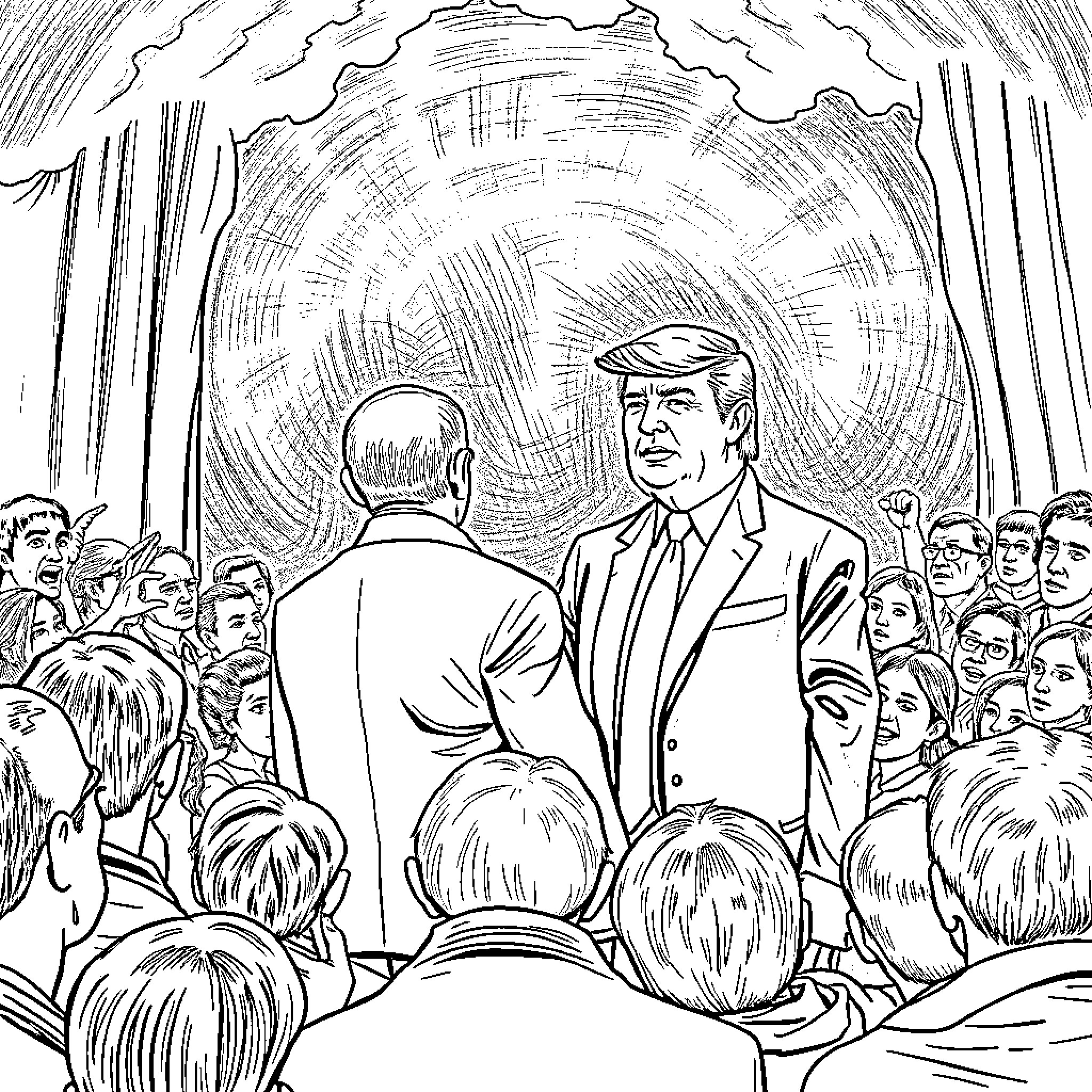 Netanyahu addressing a crowd with dramatic backdrop Coloring Page (free black-and-white line drawing printable PDF for all, from beginners to advanced learners, including children, teens, adults, and seniors)