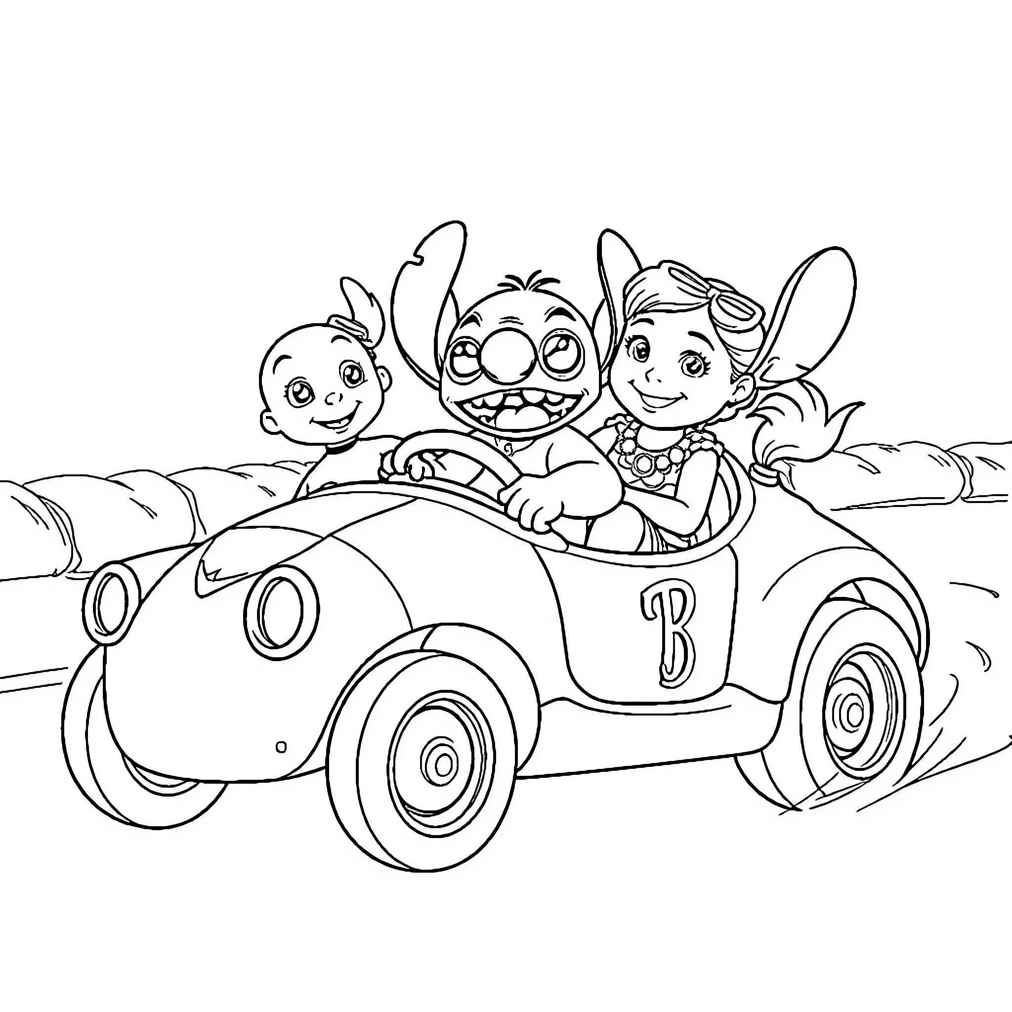 Minions riding a car together happily Coloring Page (free black-and-white line drawing printable PDF for all, from beginners to advanced learners, including children, teens, adults, and seniors)