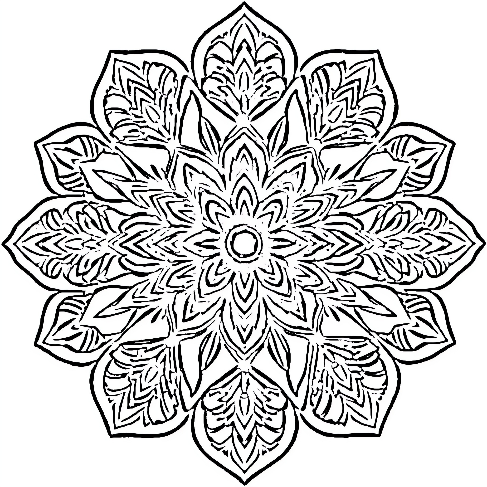 Flower Mandala Pattern Design Coloring Page (free black-and-white line drawing printable PDF for all, from beginners to advanced learners, including children, teens, adults, and seniors)