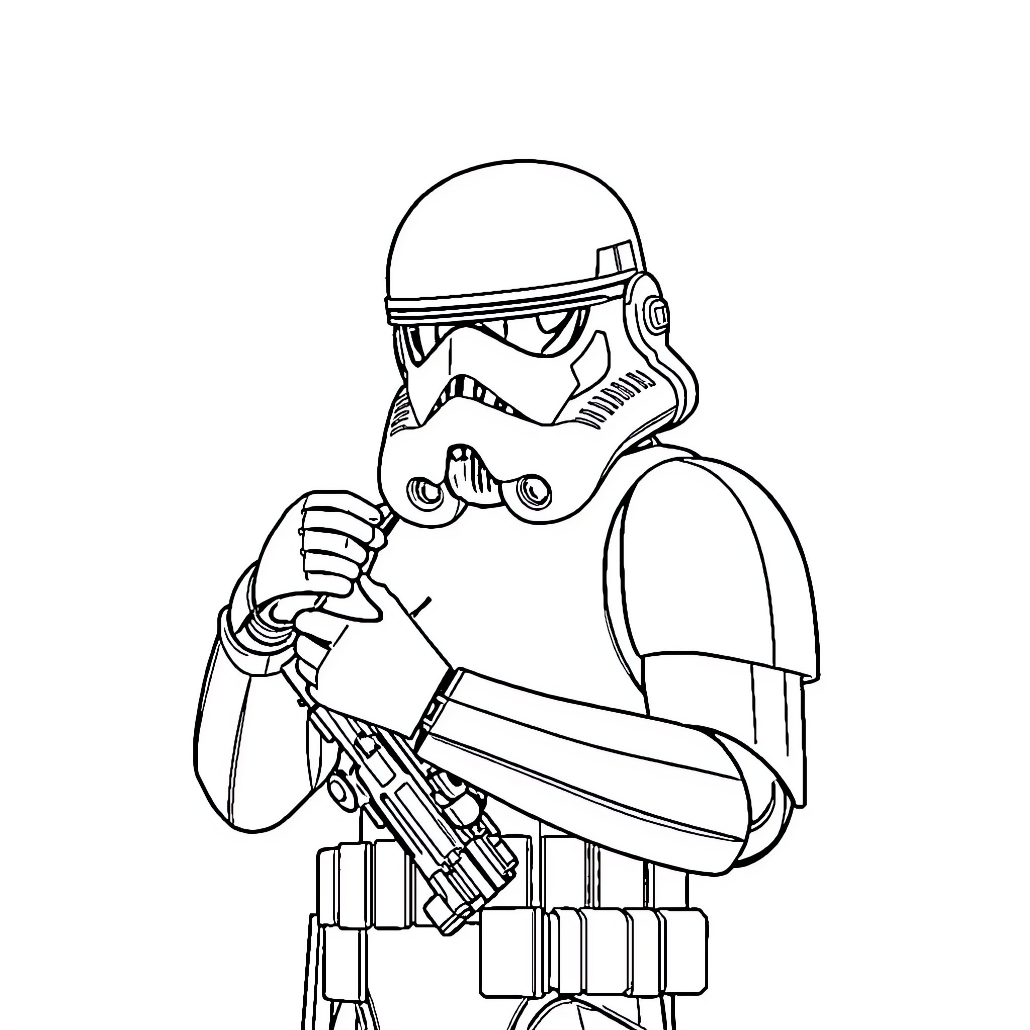 Stormtrooper aiming blaster in action pose Coloring Page (free black-and-white line drawing printable PDF for all, from beginners to advanced learners, including children, teens, adults, and seniors)