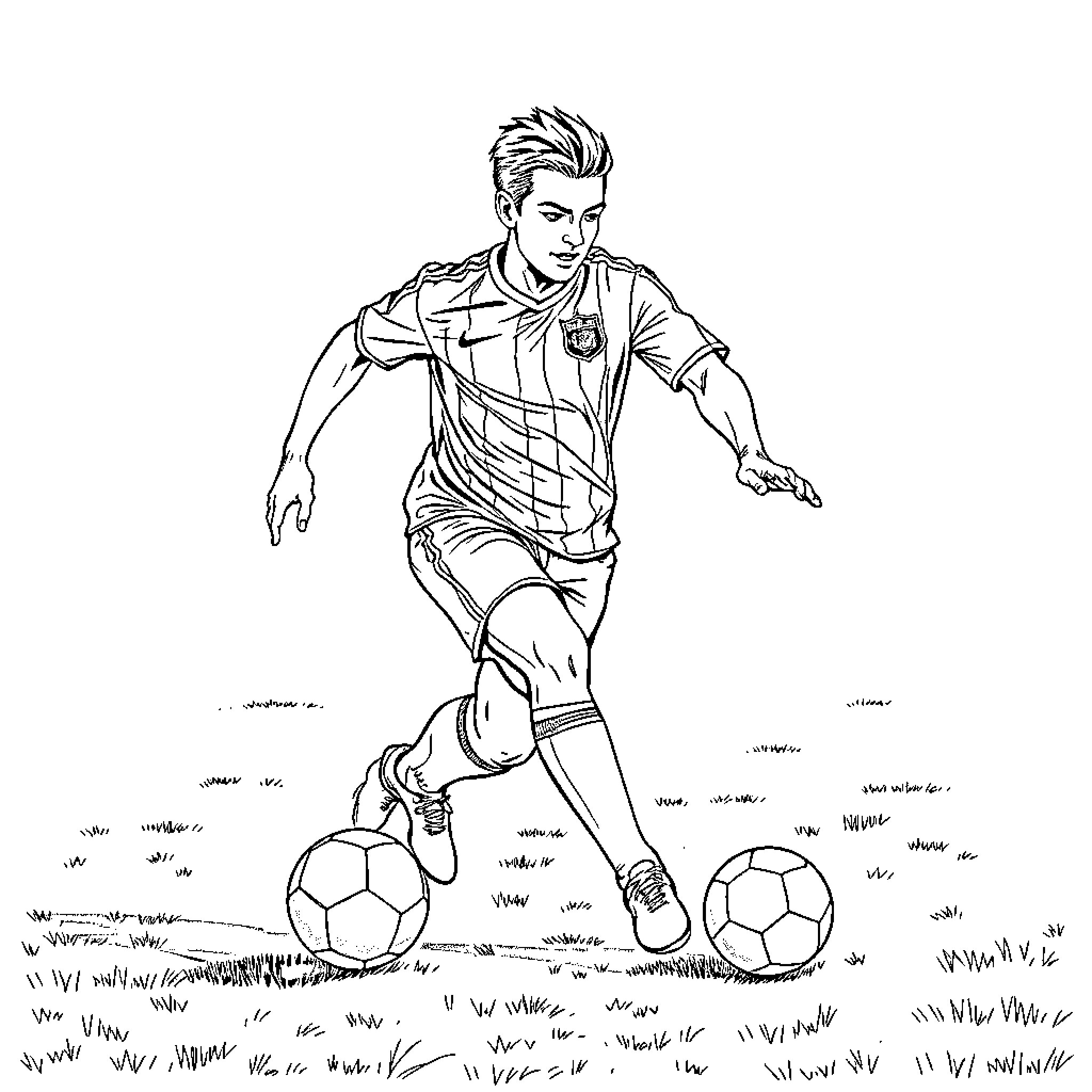 Soccer Player Dribbling the Ball on the Field Coloring Page (free black-and-white line drawing printable PDF for all, from beginners to advanced learners, including children, teens, adults, and seniors)