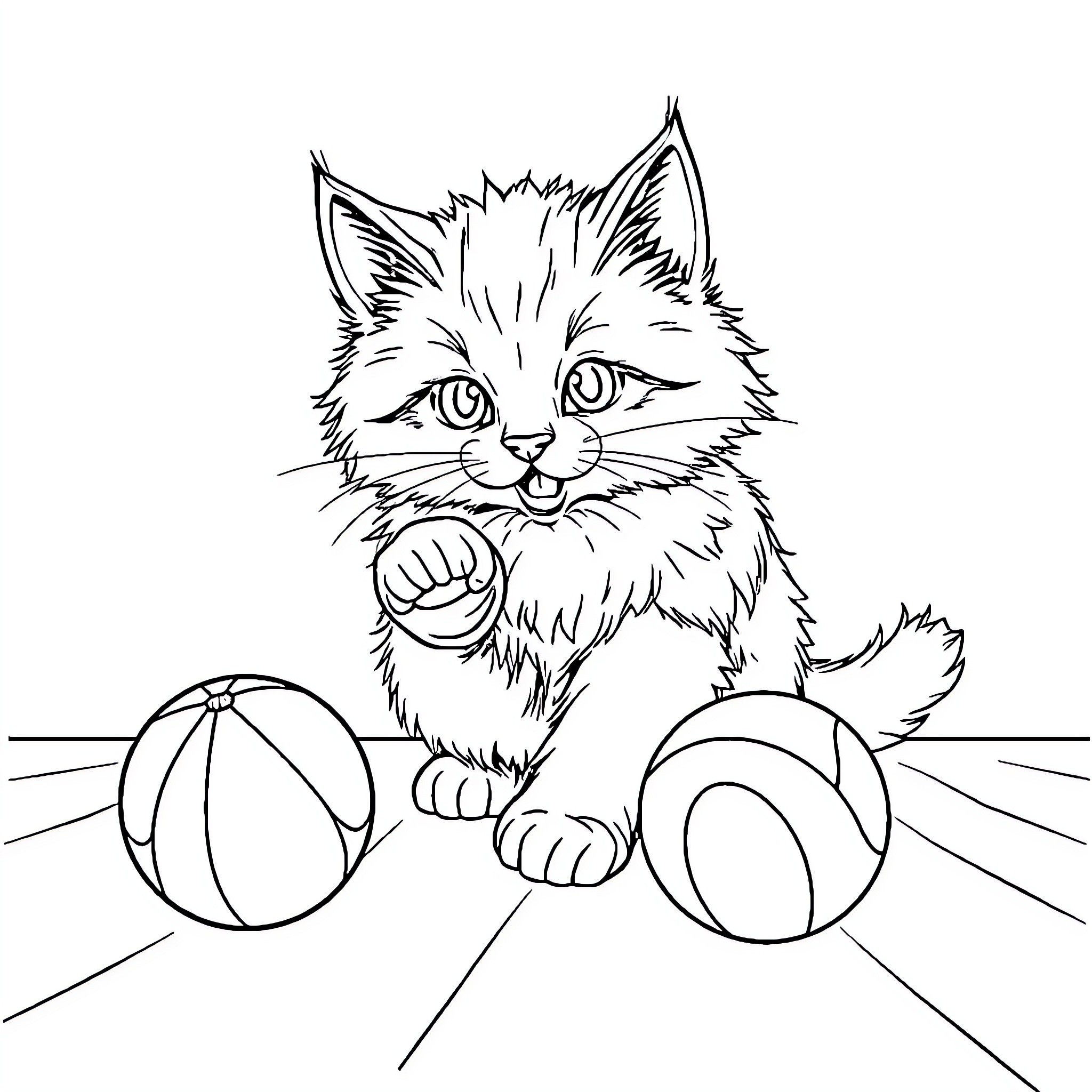 Cat playing with toys on the floor Coloring Page (free black-and-white line drawing printable PDF for all, from beginners to advanced learners, including children, teens, adults, and seniors)