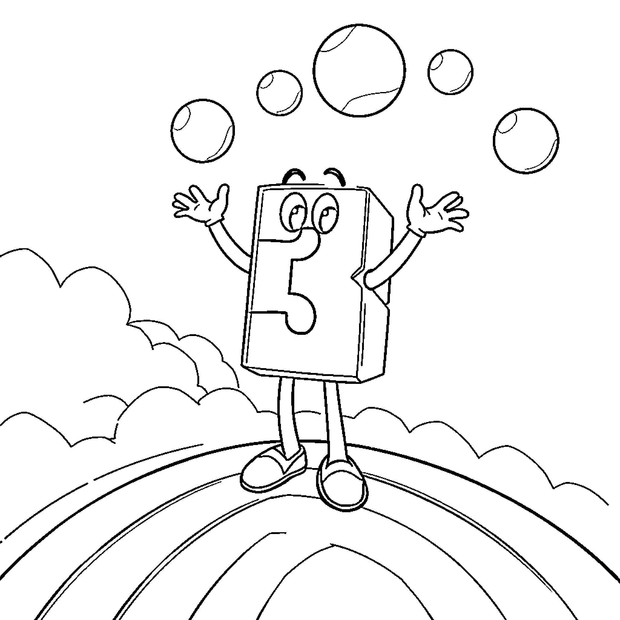 Numberblock 3 juggling bubbles on a hill Coloring Page (free black-and-white line drawing printable PDF for all, from beginners to advanced learners, including children, teens, adults, and seniors)