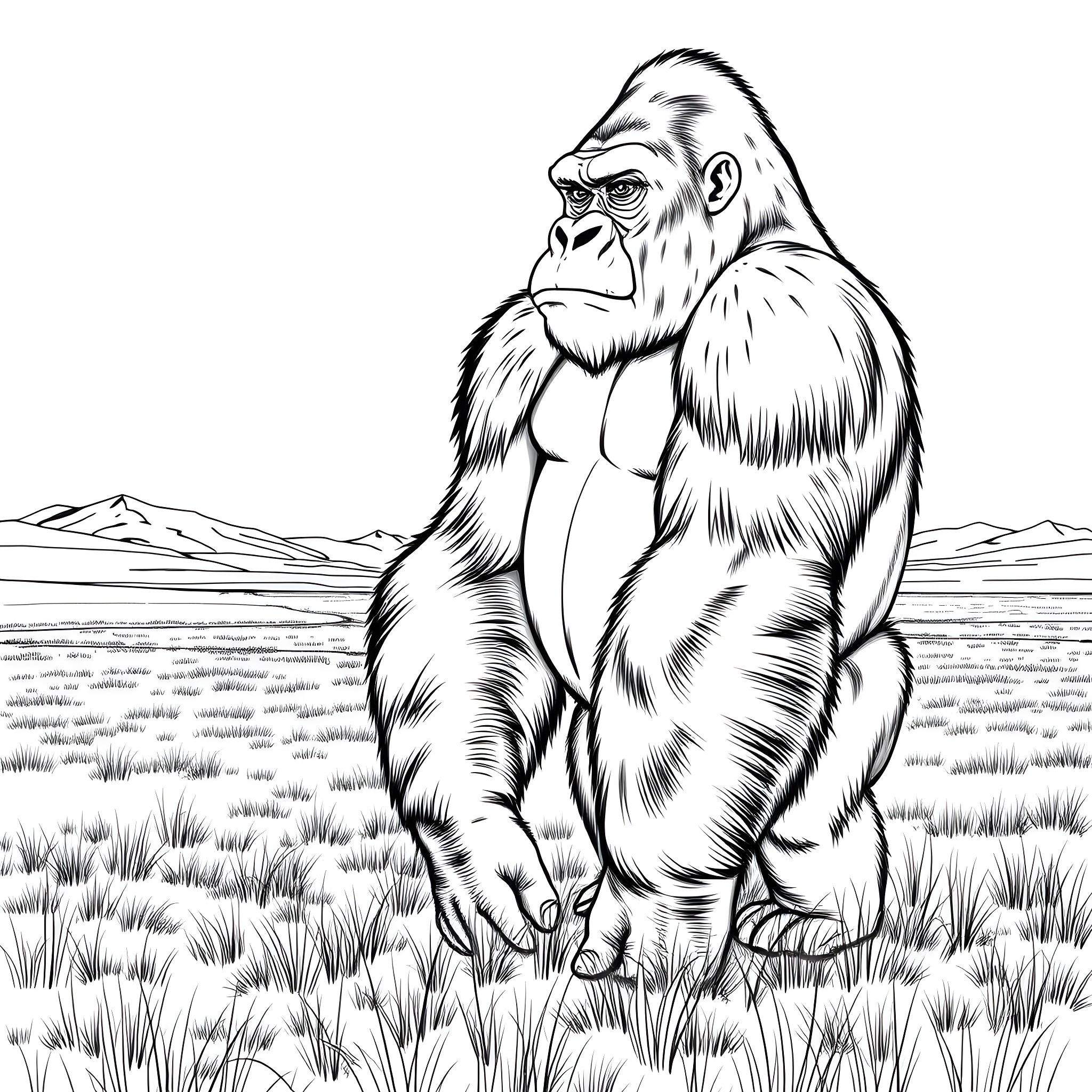 Gorilla sitting sternly in the wilderness Coloring Page (free black-and-white line drawing printable PDF for all, from beginners to advanced learners, including children, teens, adults, and seniors)