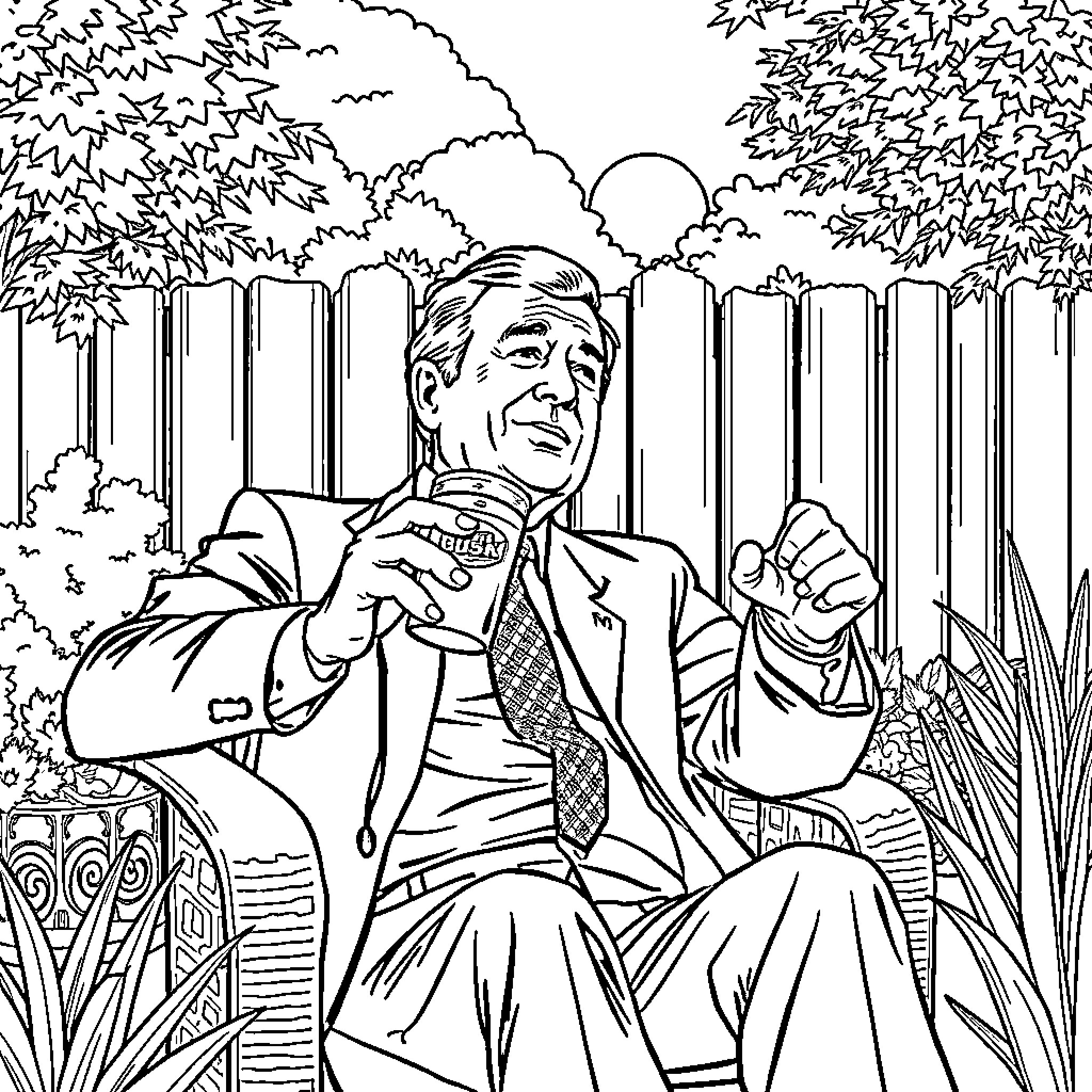 George Bush relaxing outdoors in a serene garden setting Coloring Page (free black-and-white line drawing printable PDF for all, from beginners to advanced learners, including children, teens, adults, and seniors)