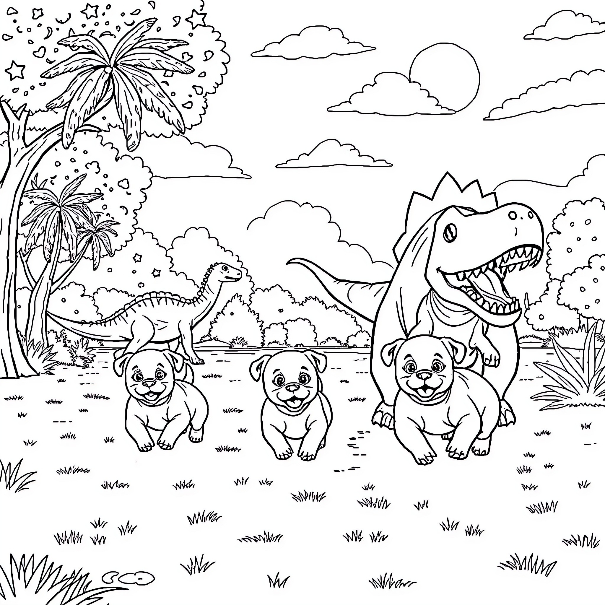 Puppies playing with dinosaurs in the jungle Coloring Page (free black-and-white line drawing printable PDF for all, from beginners to advanced learners, including children, teens, adults, and seniors)