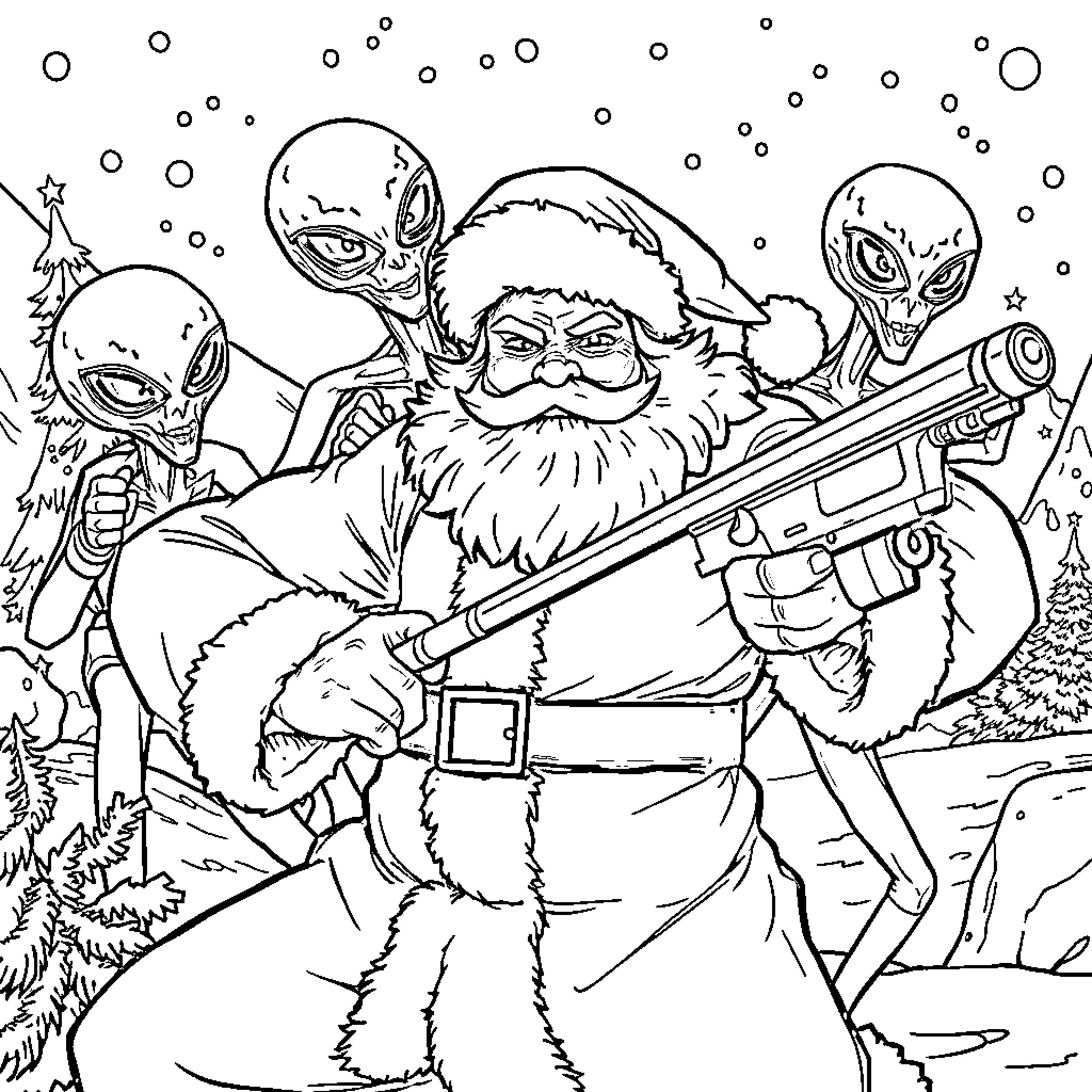 Santa Claus and Aliens in Winter Wonderland Coloring Page (free black-and-white line drawing printable PDF for all, from beginners to advanced learners, including children, teens, adults, and seniors)