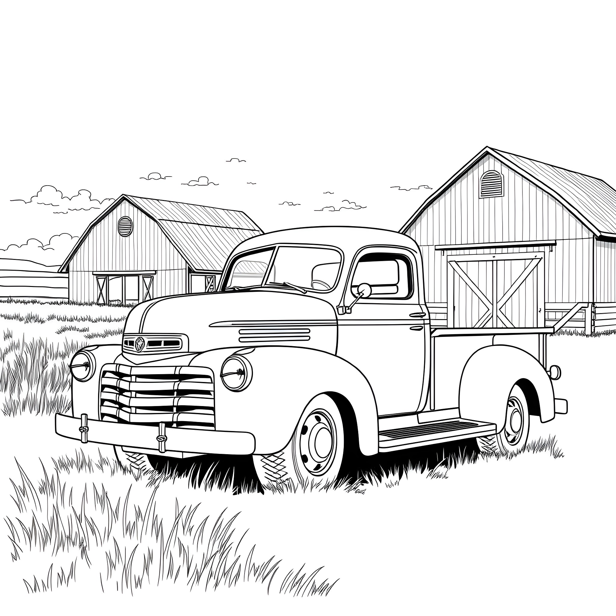Truck parked in a pastoral farmland scene Coloring Page (free black-and-white line drawing printable PDF for all, from beginners to advanced learners, including children, teens, adults, and seniors)