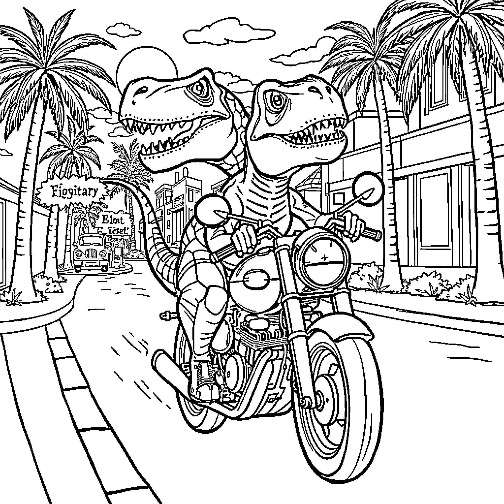 Dinosaur Riders on Motorcycles in Tropical Town Coloring Page (free black-and-white line drawing printable PDF for all, from beginners to advanced learners, including children, teens, adults, and seniors)