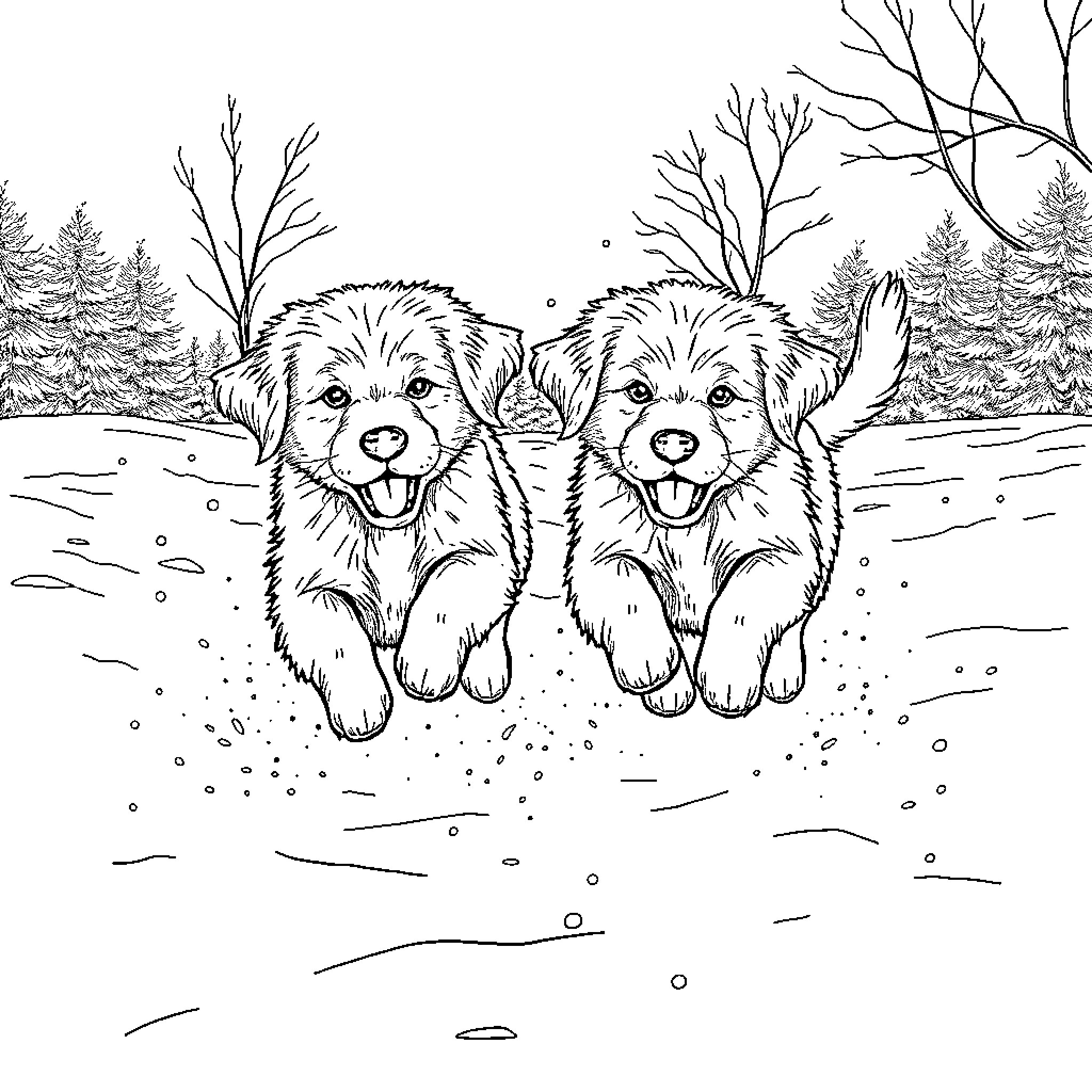 Golden Retrievers playing happily in the snow Coloring Page (free black-and-white line drawing printable PDF for all, from beginners to advanced learners, including children, teens, adults, and seniors)