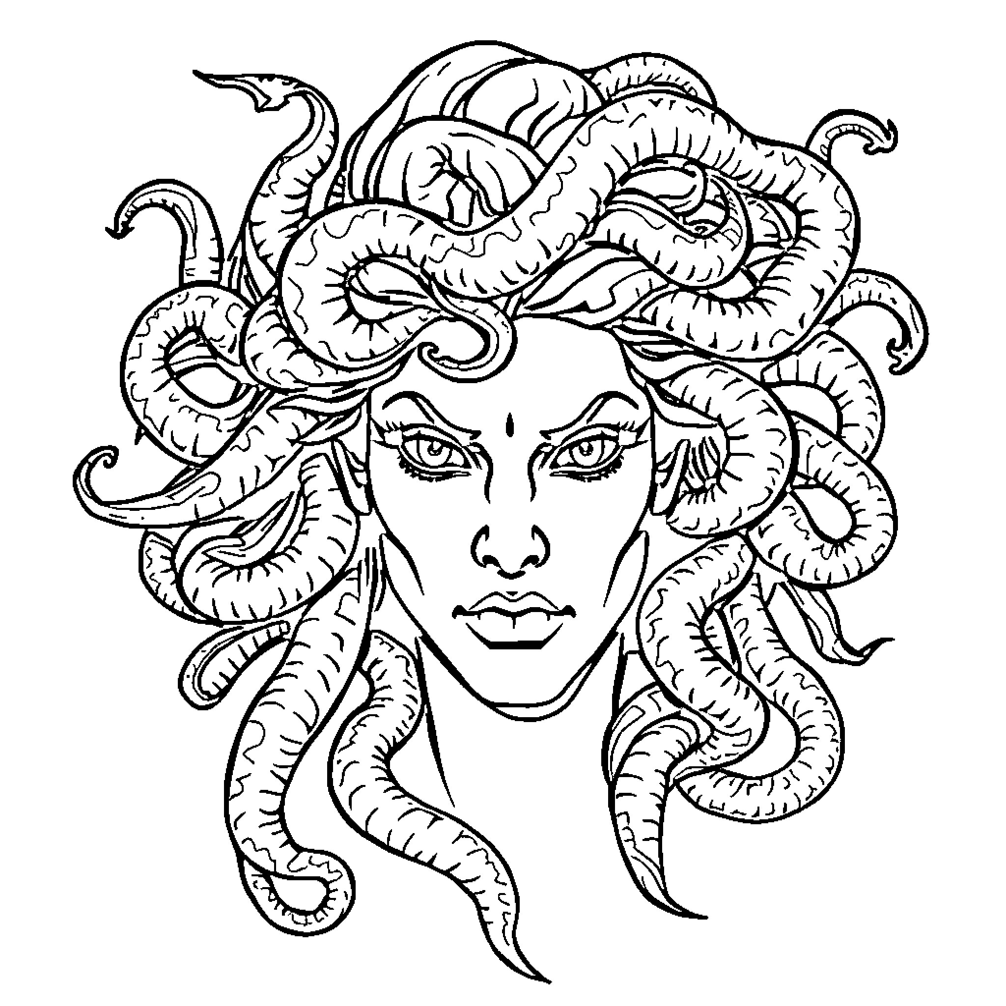 Medusa's Serpentine Visage Coloring Page (free black-and-white line drawing printable PDF for all, from beginners to advanced learners, including children, teens, adults, and seniors)