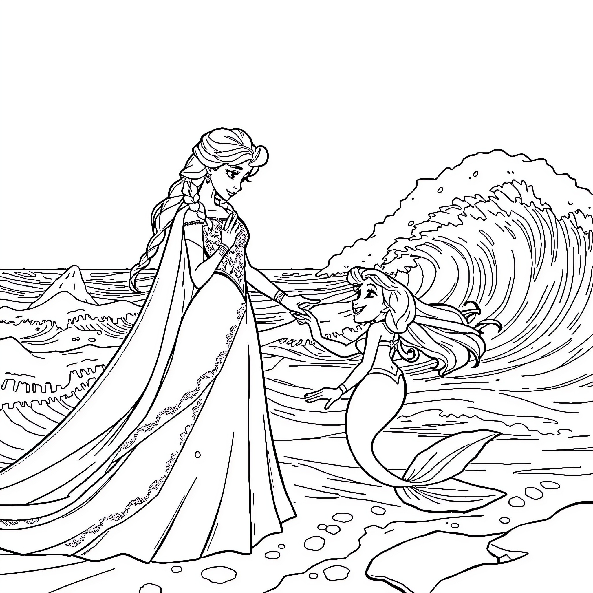 Queen of the Waves: A Mermaid's Tale Coloring Page (free black-and-white line drawing printable PDF for all, from beginners to advanced learners, including children, teens, adults, and seniors)