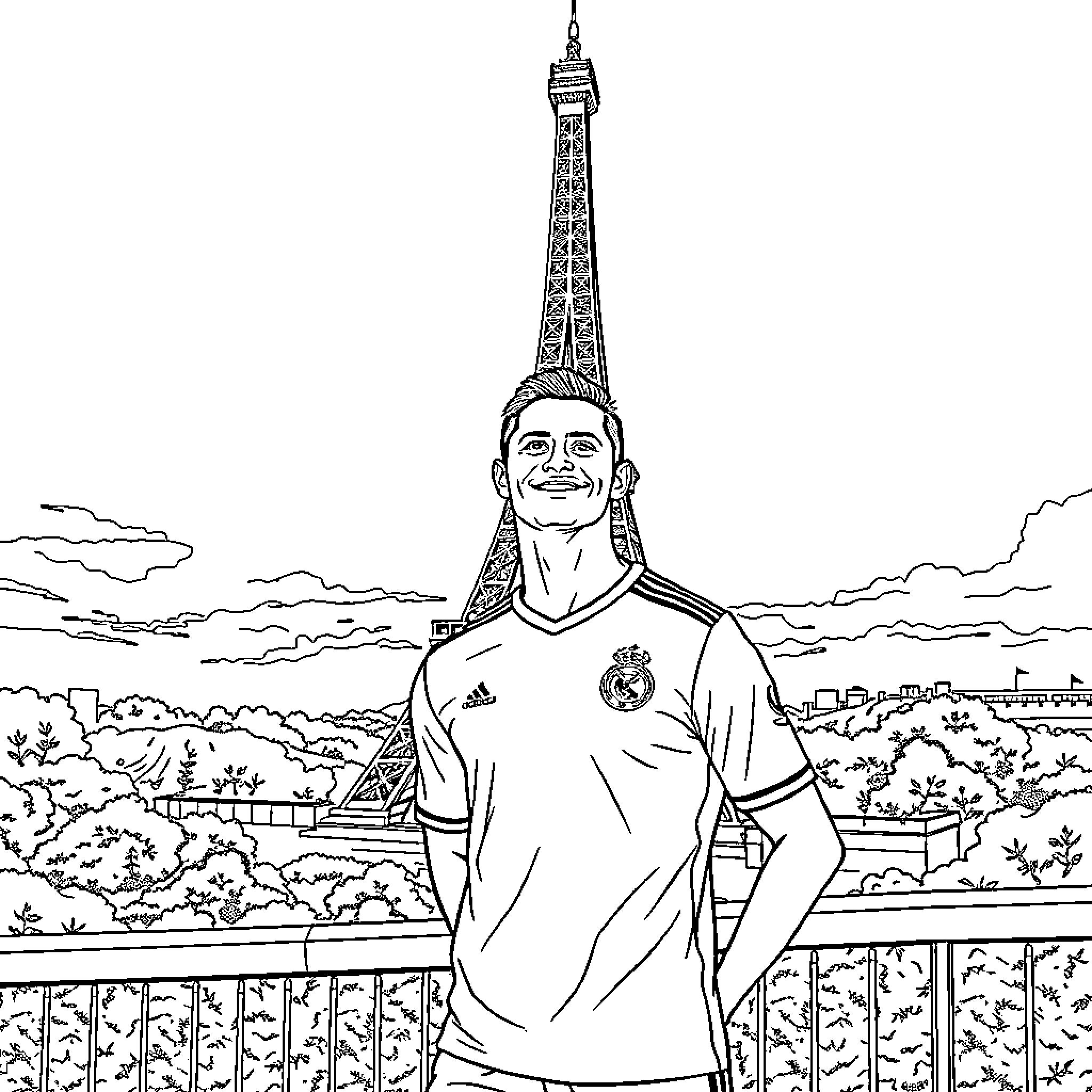 Ronaldo posing in front of the Eiffel Tower Coloring Page (free black-and-white line drawing printable PDF for all, from beginners to advanced learners, including children, teens, adults, and seniors)
