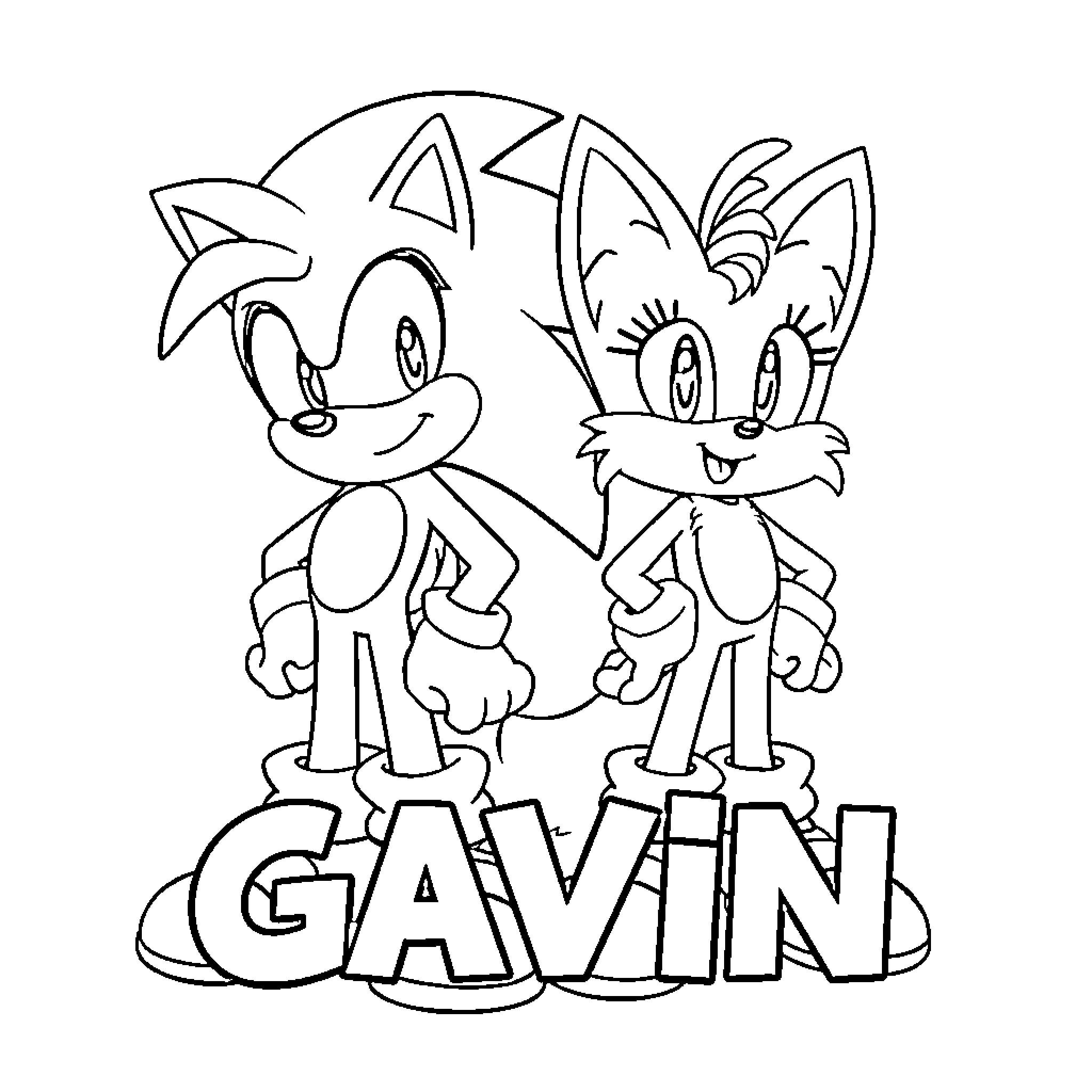 Sonic characters having fun with Gavin Coloring Page (free black-and-white line drawing printable PDF for all, from beginners to advanced learners, including children, teens, adults, and seniors)