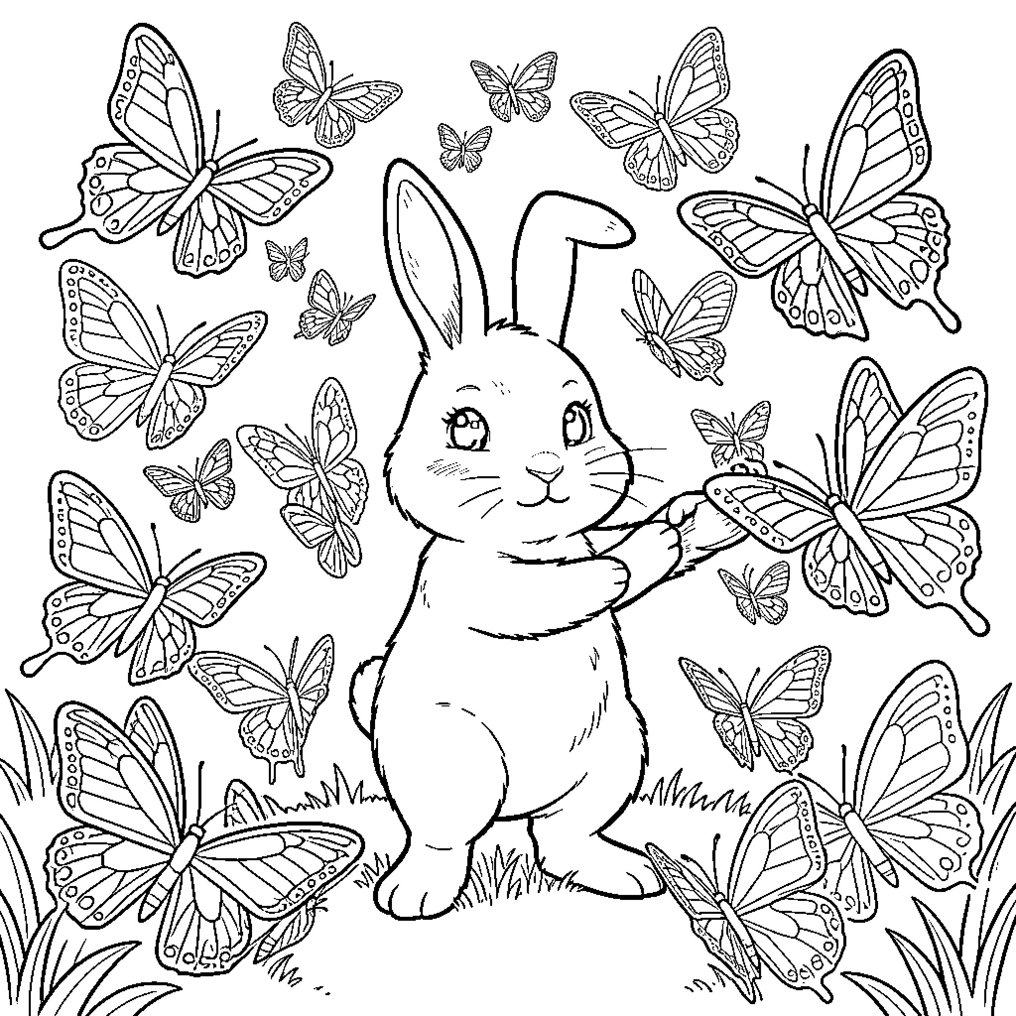 Butterfly fluttering around a happy little bunny Coloring Page (free black-and-white line drawing printable PDF for all, from beginners to advanced learners, including children, teens, adults, and seniors)
