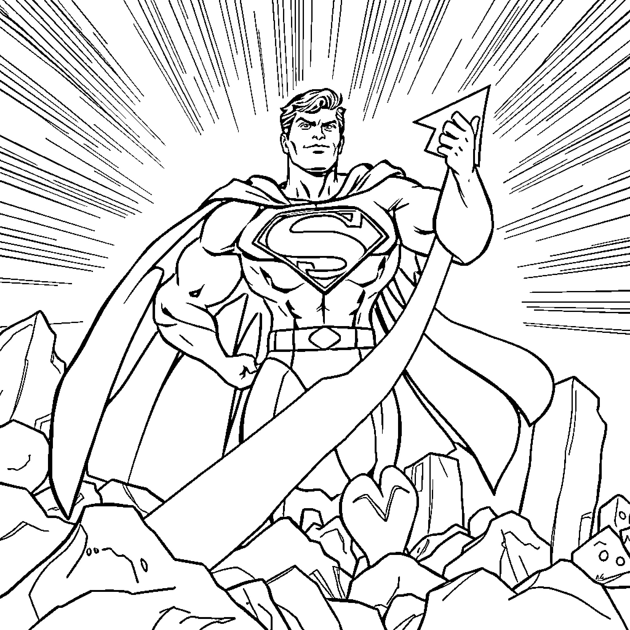 Superman's triumphant pose amid mountains Coloring Page (free black-and-white line drawing printable PDF for all, from beginners to advanced learners, including children, teens, adults, and seniors)