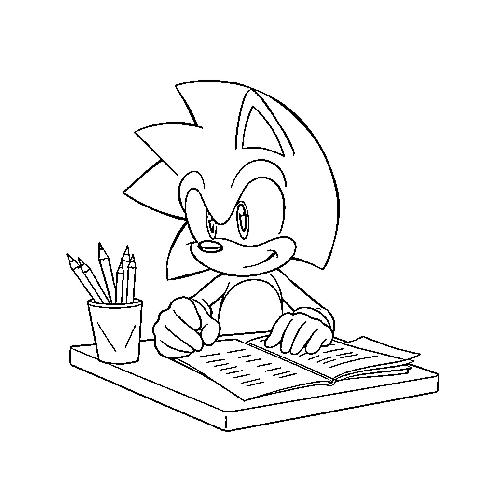Sonic writing diligently at his desk Coloring Page (free black-and-white line drawing printable PDF for all, from beginners to advanced learners, including children, teens, adults, and seniors)