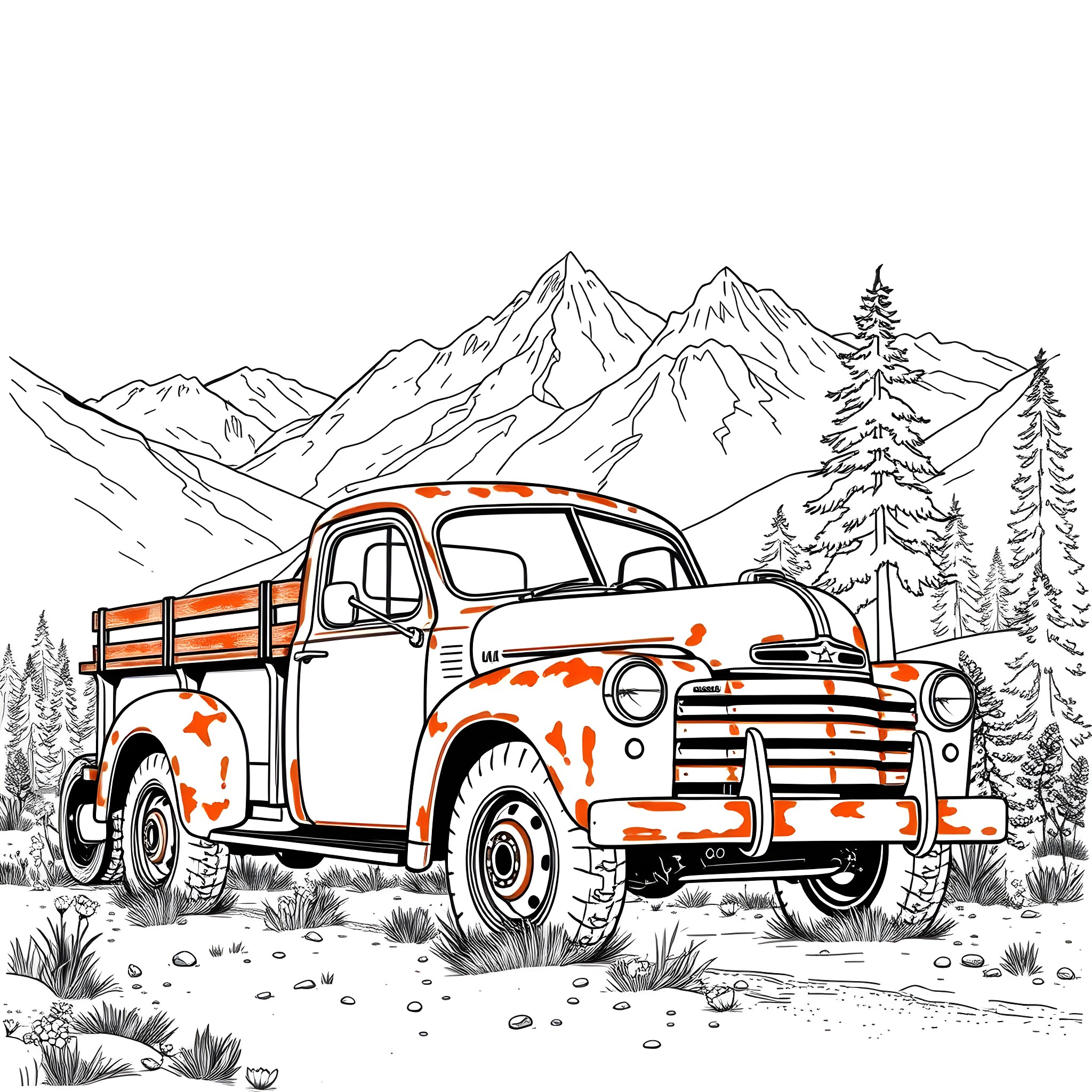 Truck traversing mountain landscape Coloring Page (free black-and-white line drawing printable PDF for all, from beginners to advanced learners, including children, teens, adults, and seniors)